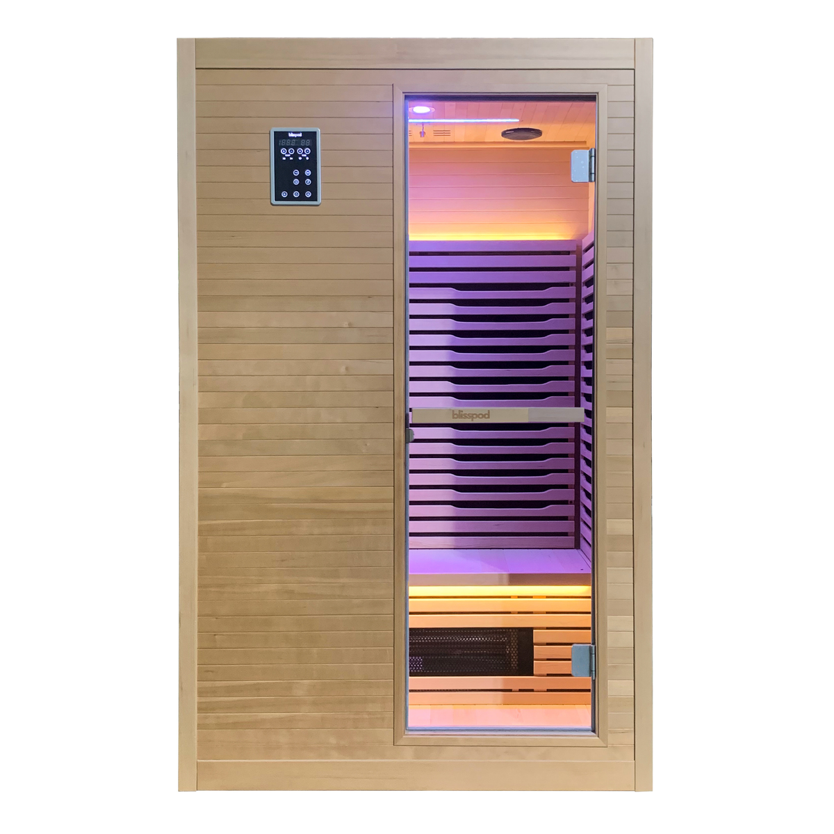 Full Spectrum Indoor Sauna by Blisspod Helsinki, designed for 2 persons with color-changing lights and digital display.