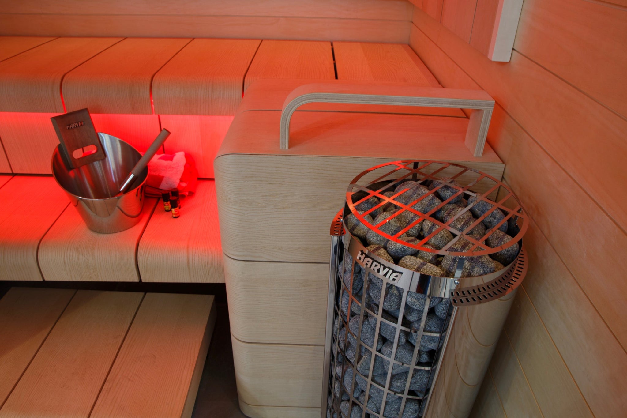 Harvia Cilindro Half PC80 8kW electric sauna heater  in sauna close up view