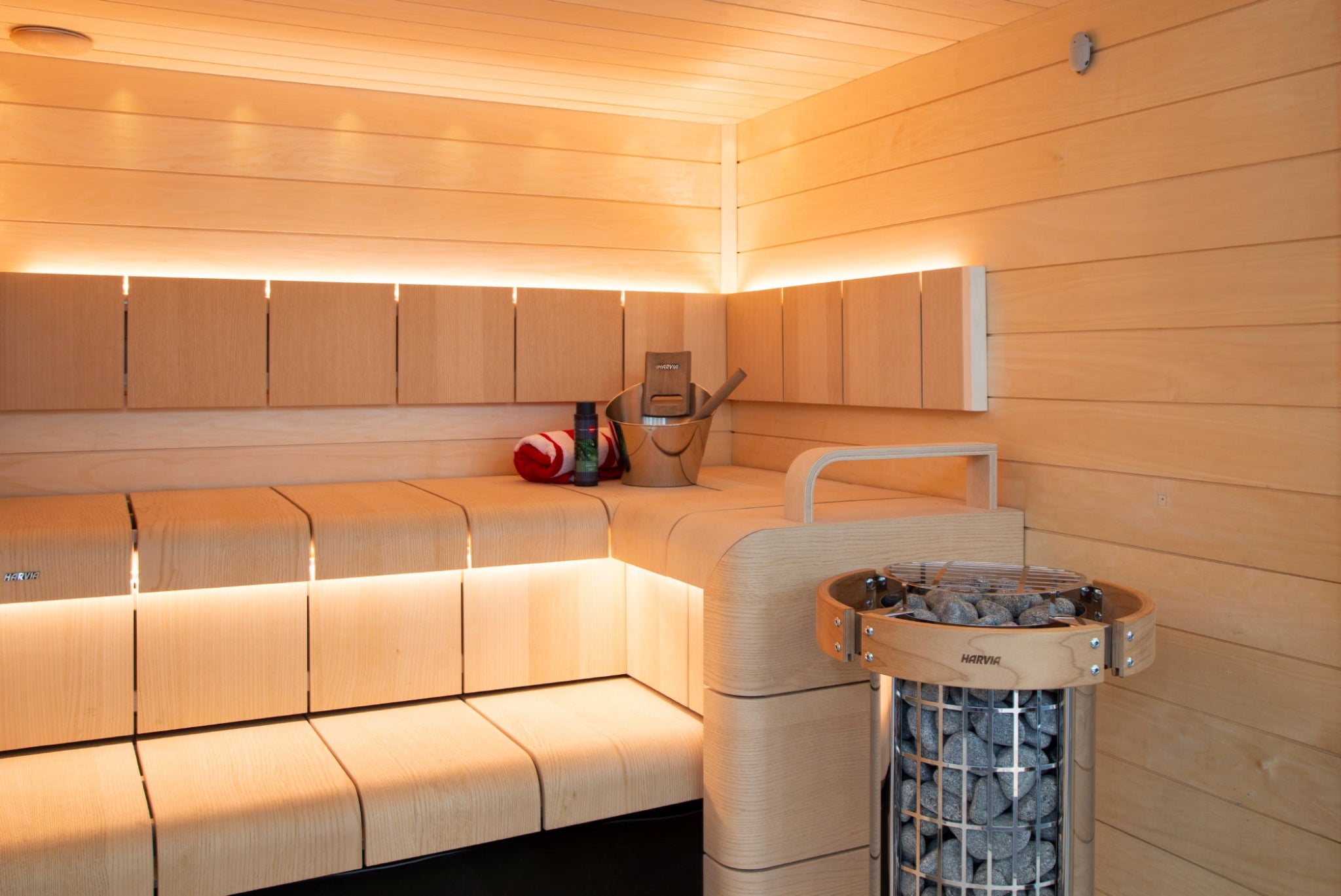 Harvia Cilindro Half PC80 8kW electric sauna heater inside sauna
