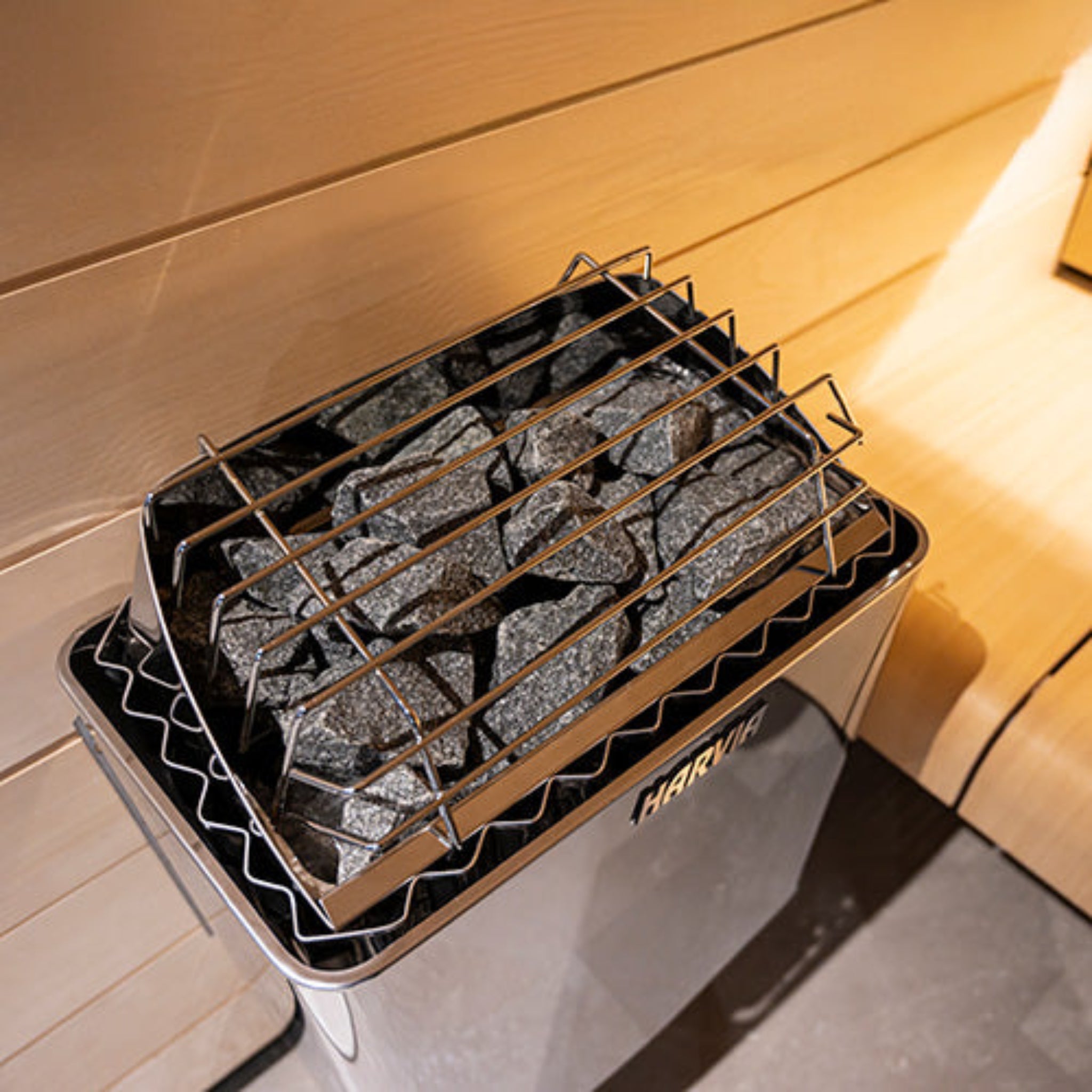  Harvia KIP45B sauna heater — detail view showing heating elements and stones