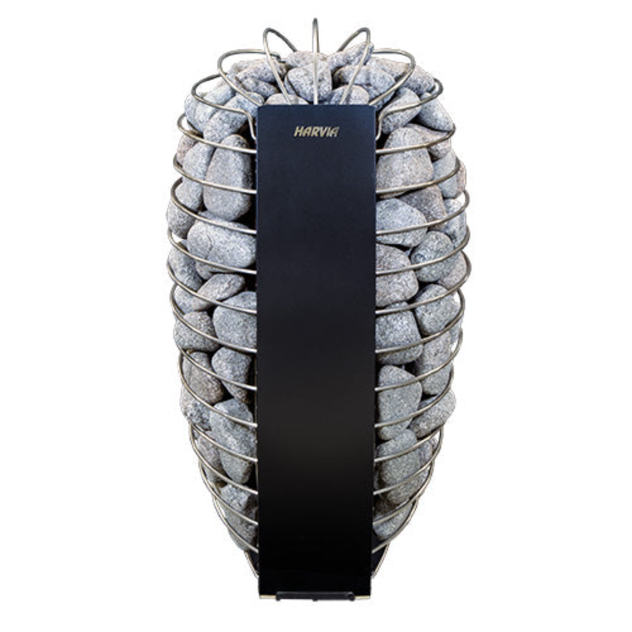 Harvia Spirit 9kW electric sauna heater in black — front view showing stainless steel body and stone basket