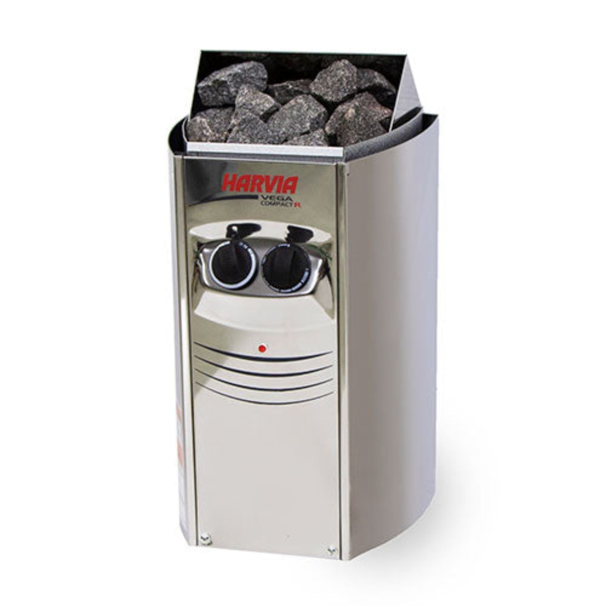 Harvia Vega Compact 3.5kW electric sauna heater 240V — front view showing stainless steel body and stone basket