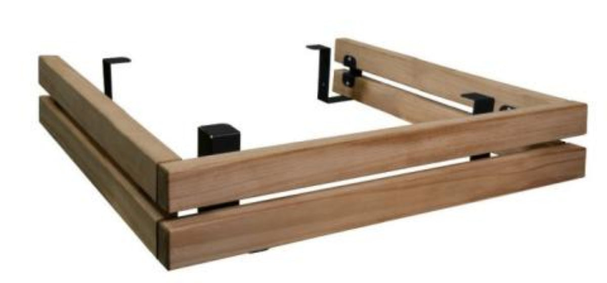 Wooden Harvia guard rail with metal brackets on a white background