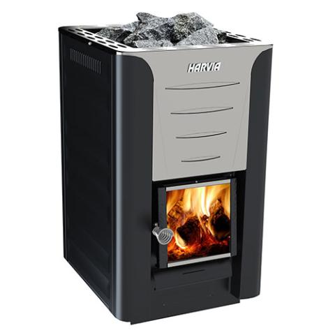Harvia Pro Series 40kW wood-burning sauna heater with fire and stones, ideal for large environments.