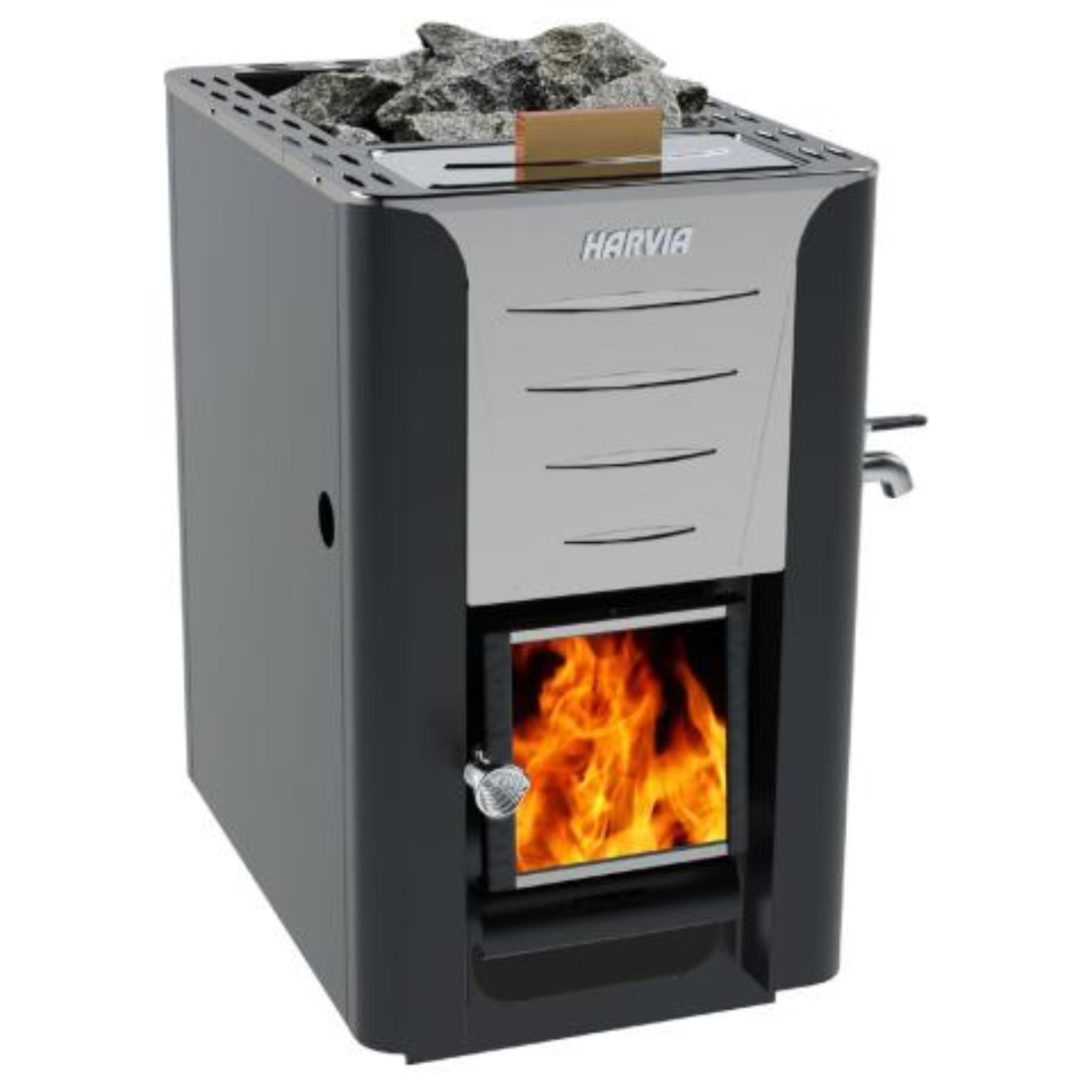 Harvia Pro Series 40kW wood-burning sauna heater with fire and stones on top, ideal for commercial and residential saunas.