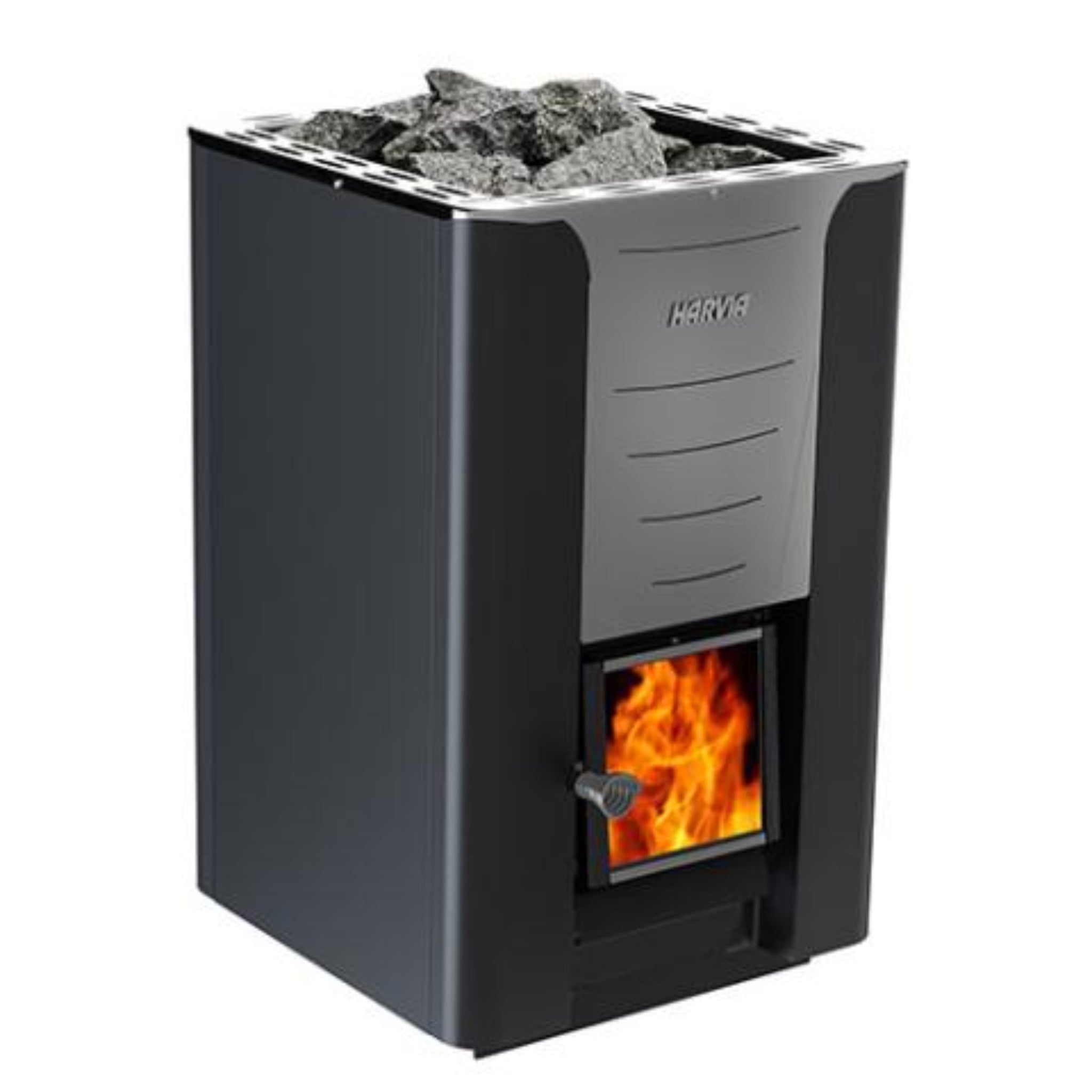 Harvia Pro Series 40kW wood-burning sauna heater with fire visible, designed for large commercial and residential saunas.