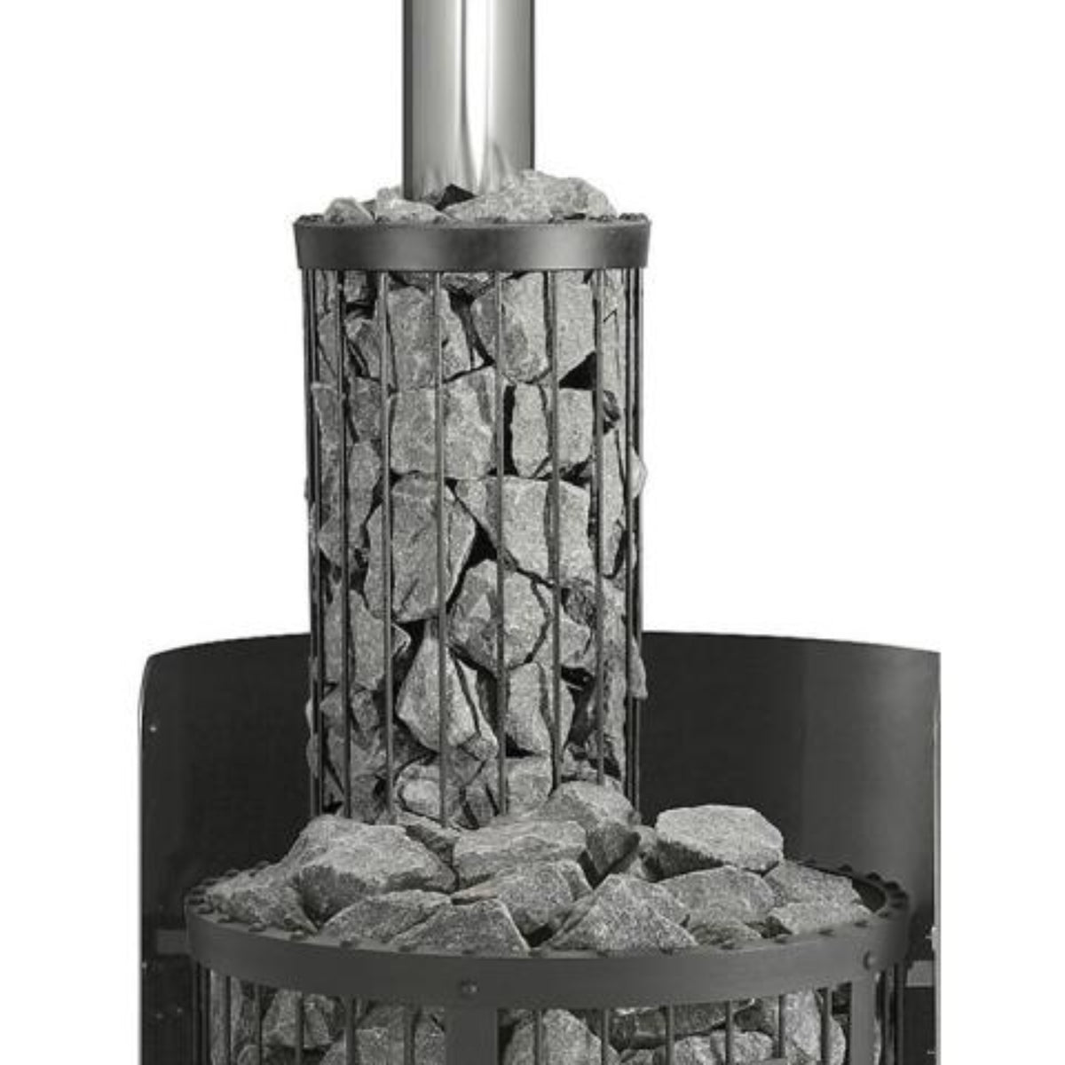 Harvia WL300 smoke pipe cover installed on a heater showing grey stones on a white background