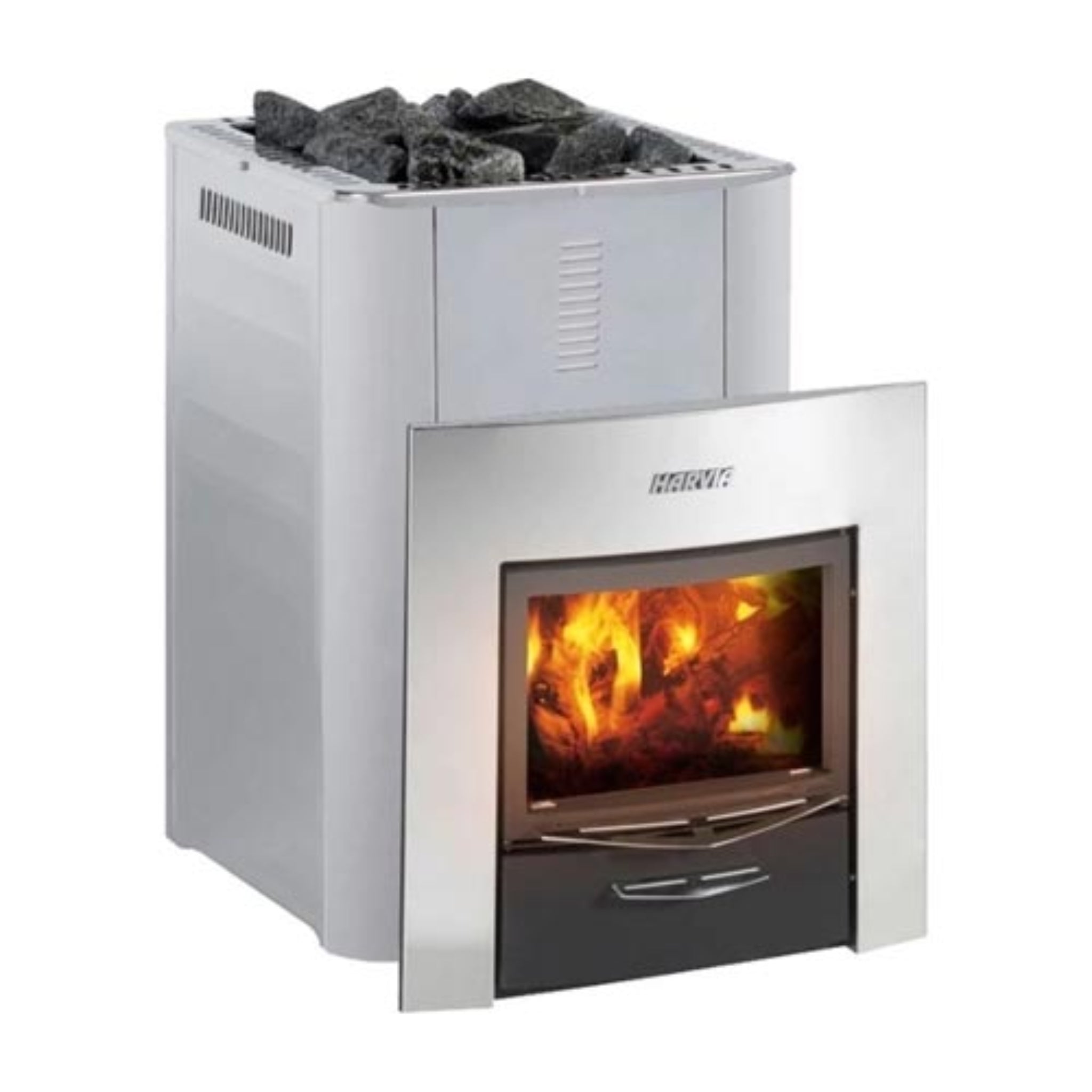 Harvia 36 Duo sauna stove — alternate front angle with stone capacity and firebox door detail