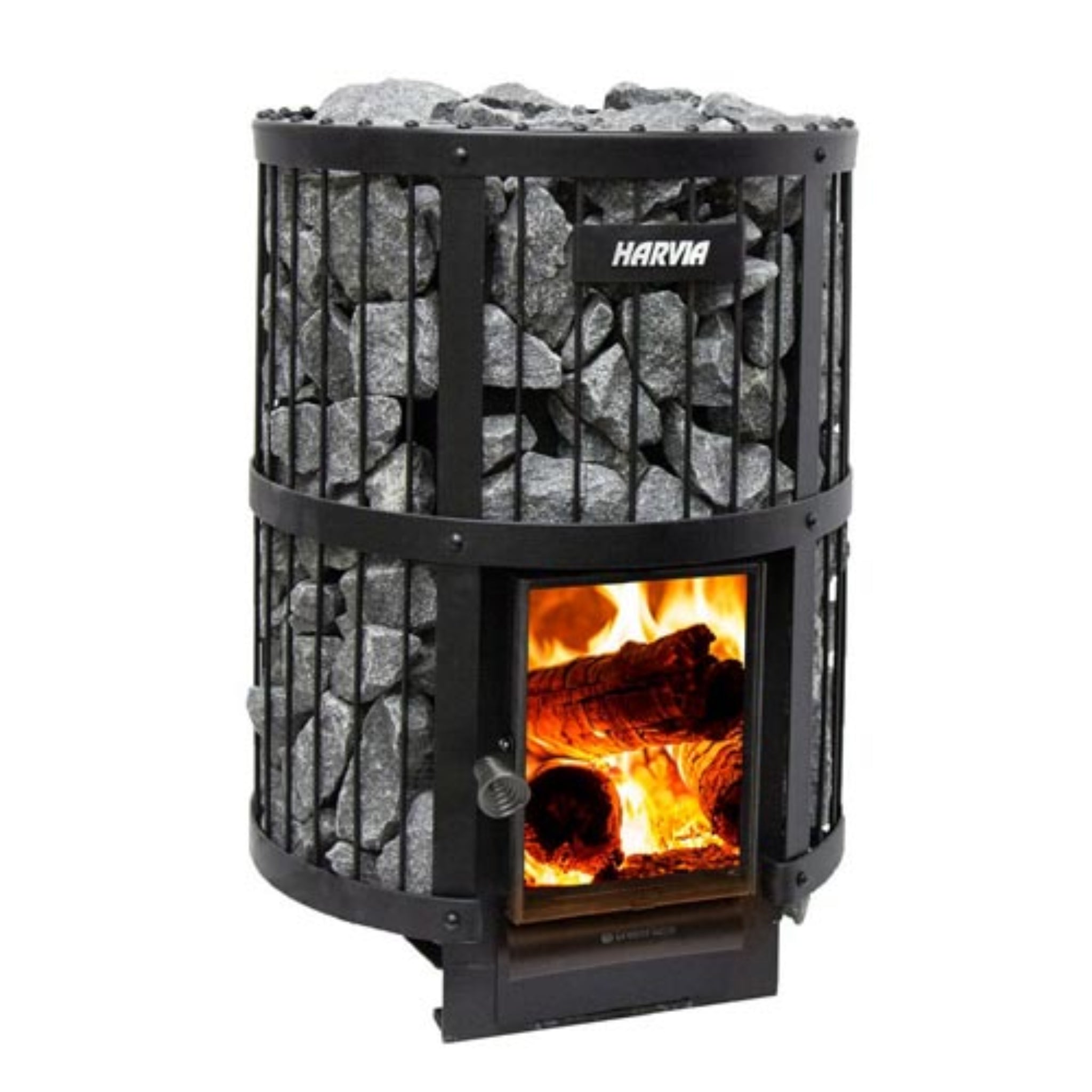 Legend240-GreenFlame_Heaters_1	Harvia Legend 240 GreenFlame 15.9kW wood-burning sauna stove — front view showing black steel grate frame and stone basket