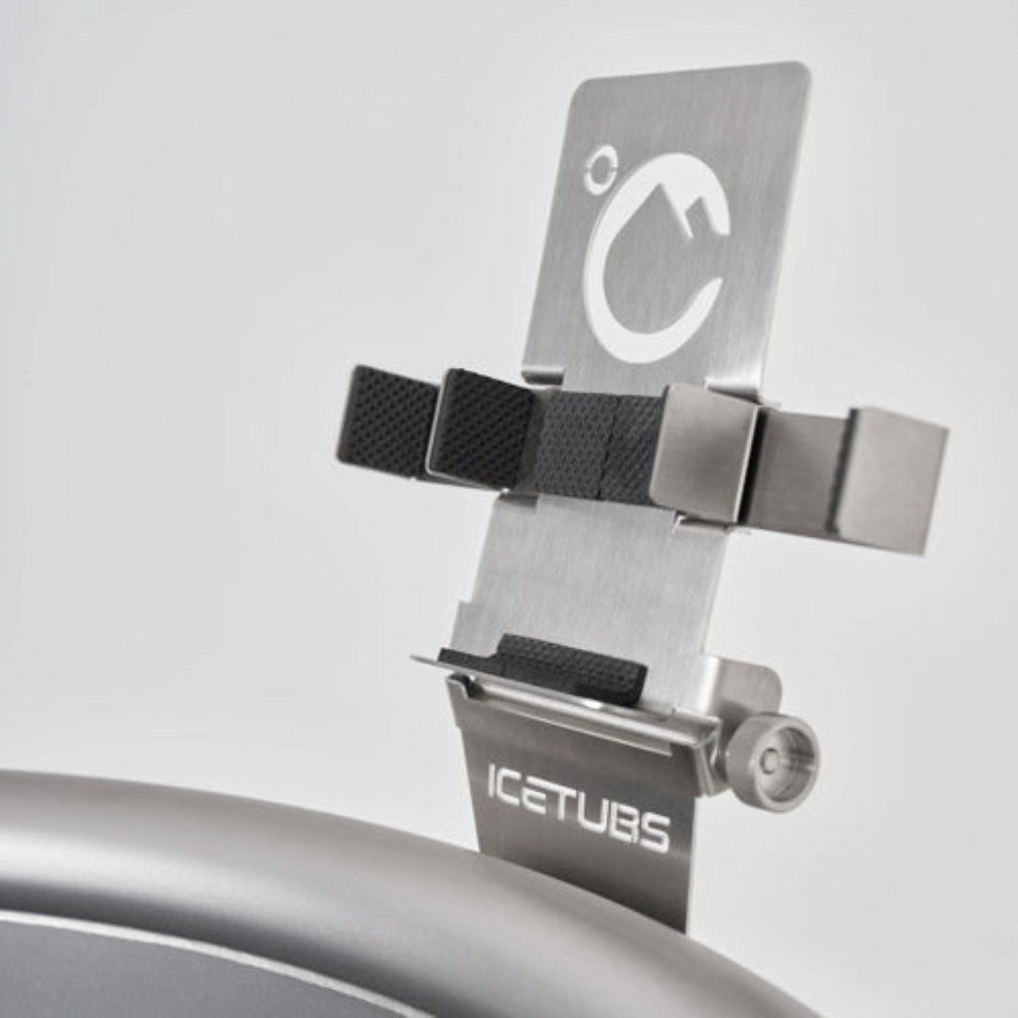 Metallic phone holder device with 'ICETUBS' branding on a light gray background
