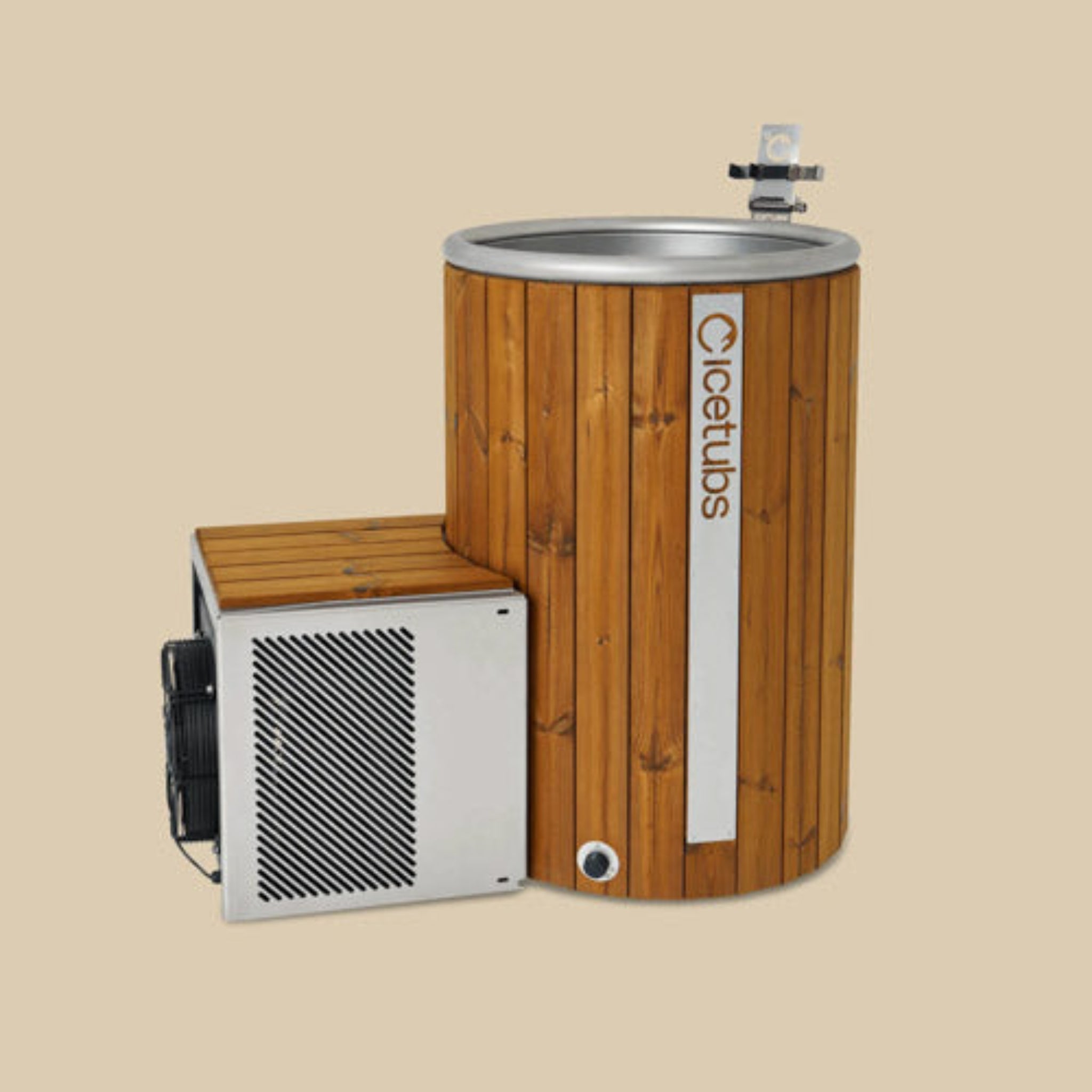 Icetubs Wooden hot tub showing the Icetubs phone holder attached to it ,on a beige background