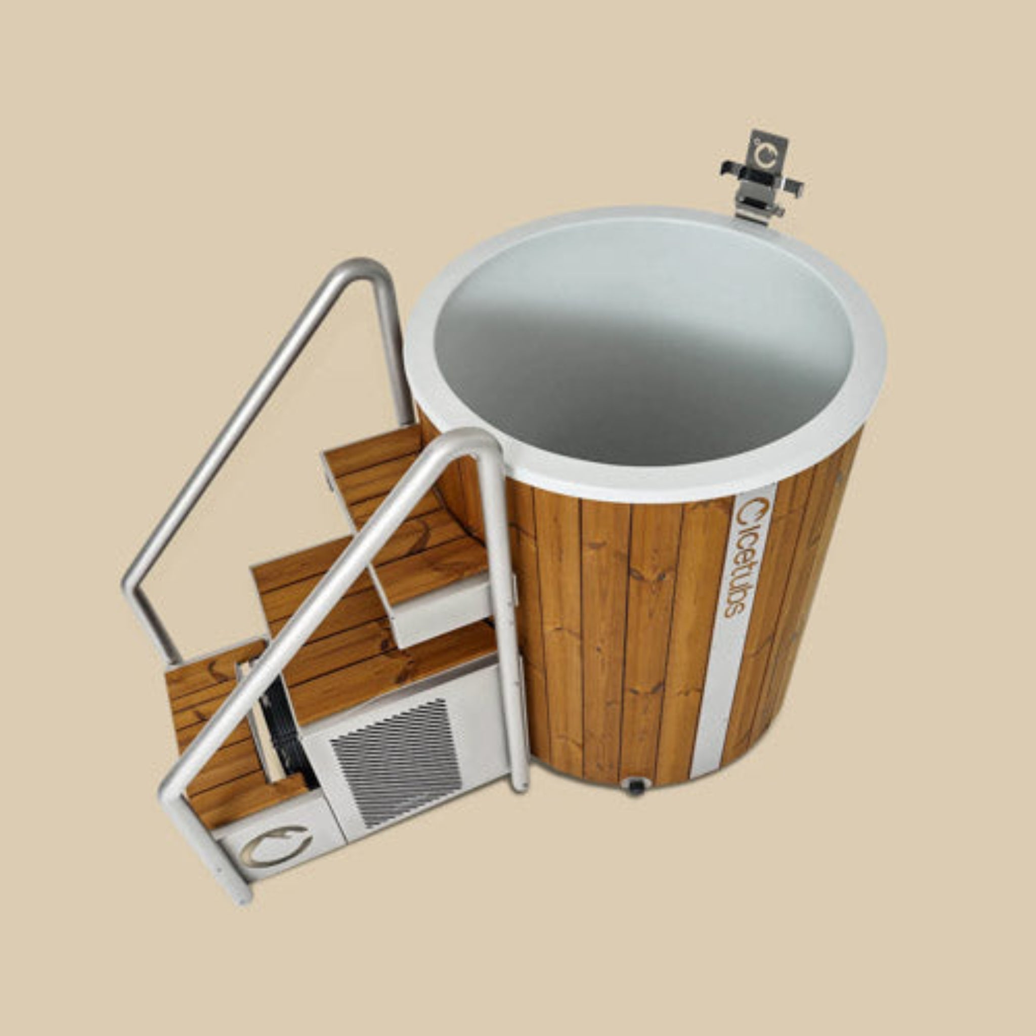 Wooden hot tub with metal steps on a beige background showing Icetubs phone holder attached to it.