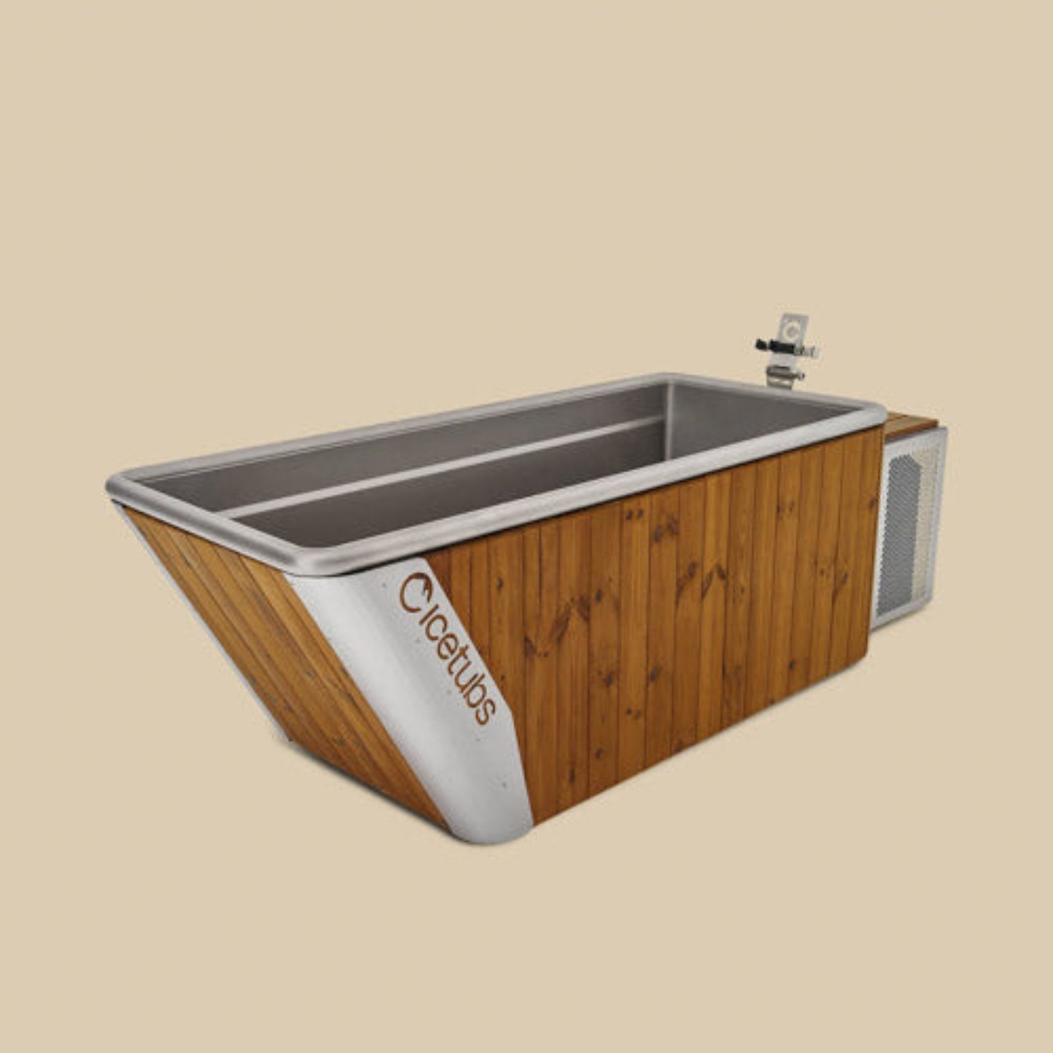 Wooden hot tub with metal exterior on a beige background with Icetubs phone holder attached to it.