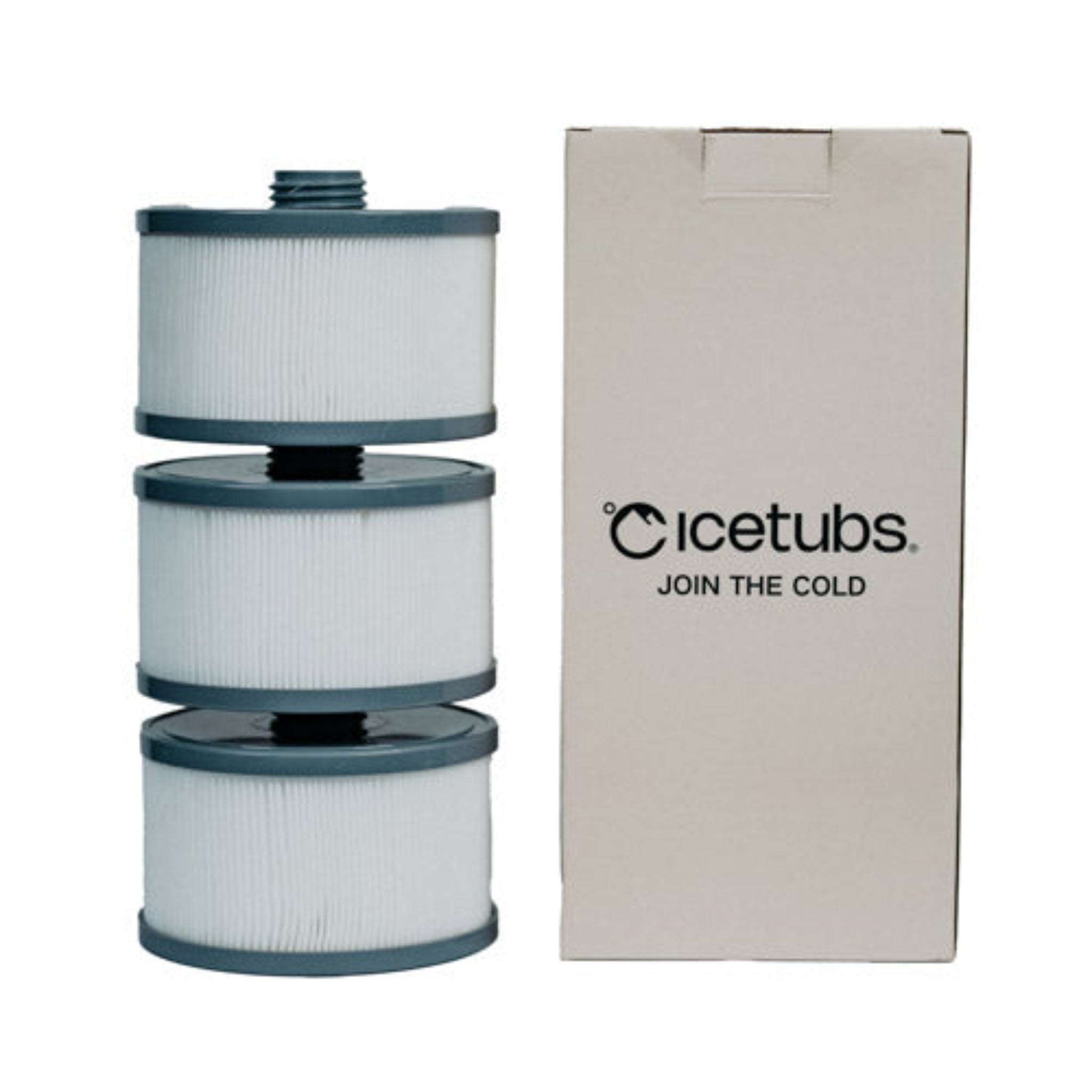 Three cylindrical  Icetubs filters stacked next to a cardboard box with 'Icetubs' branding on a white background.