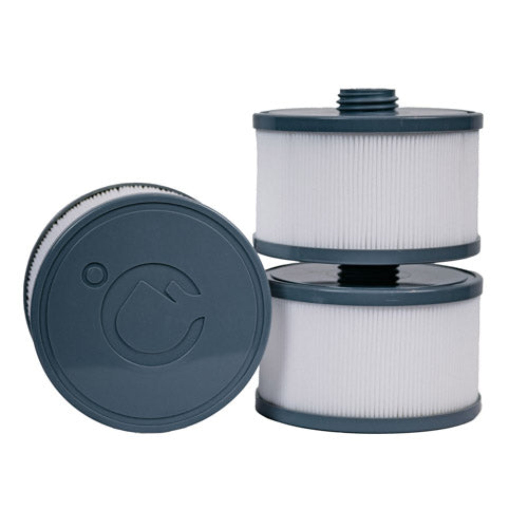 Three cylindrical filters with a blue top on a white background