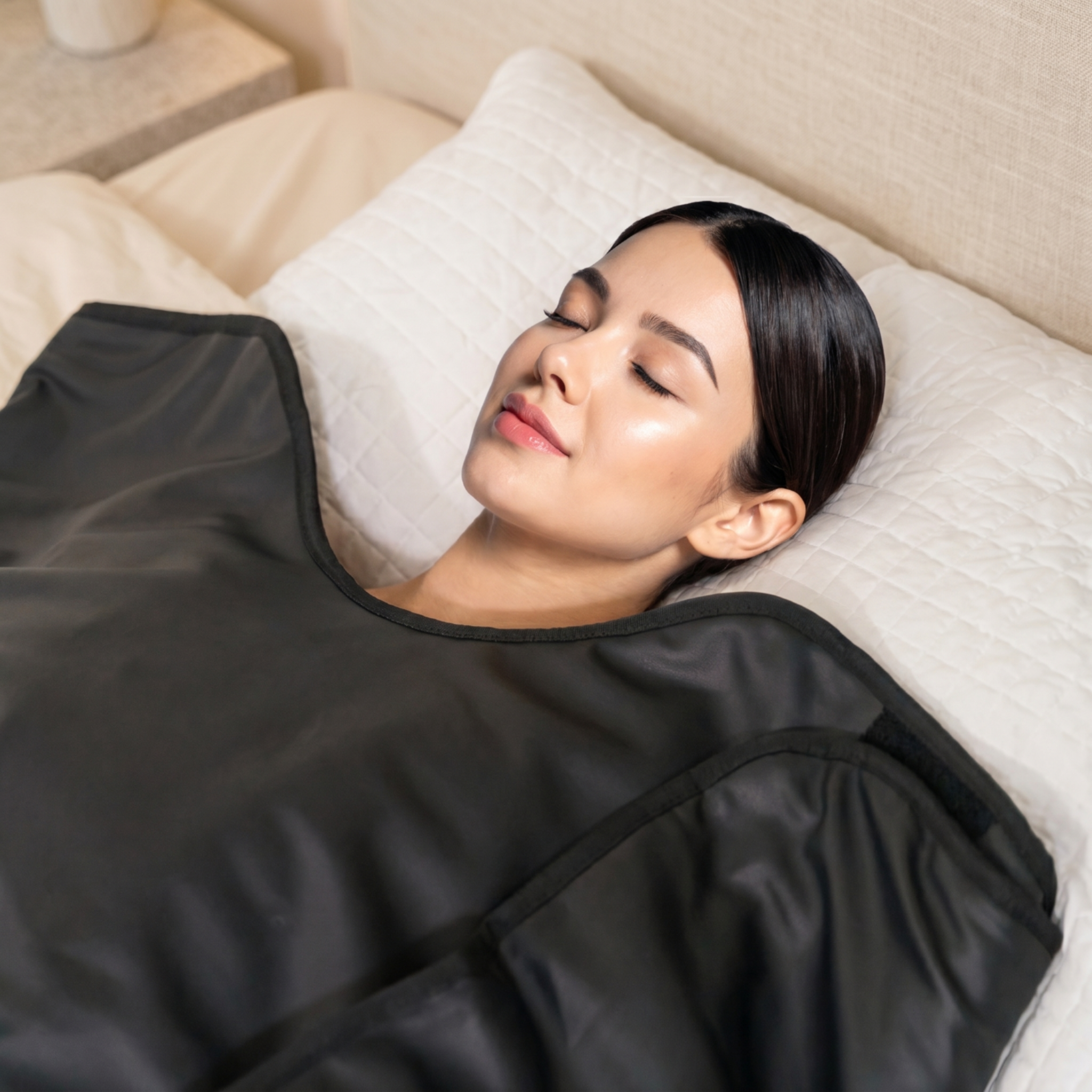 Woman lying on a bed with a black sauna blanket