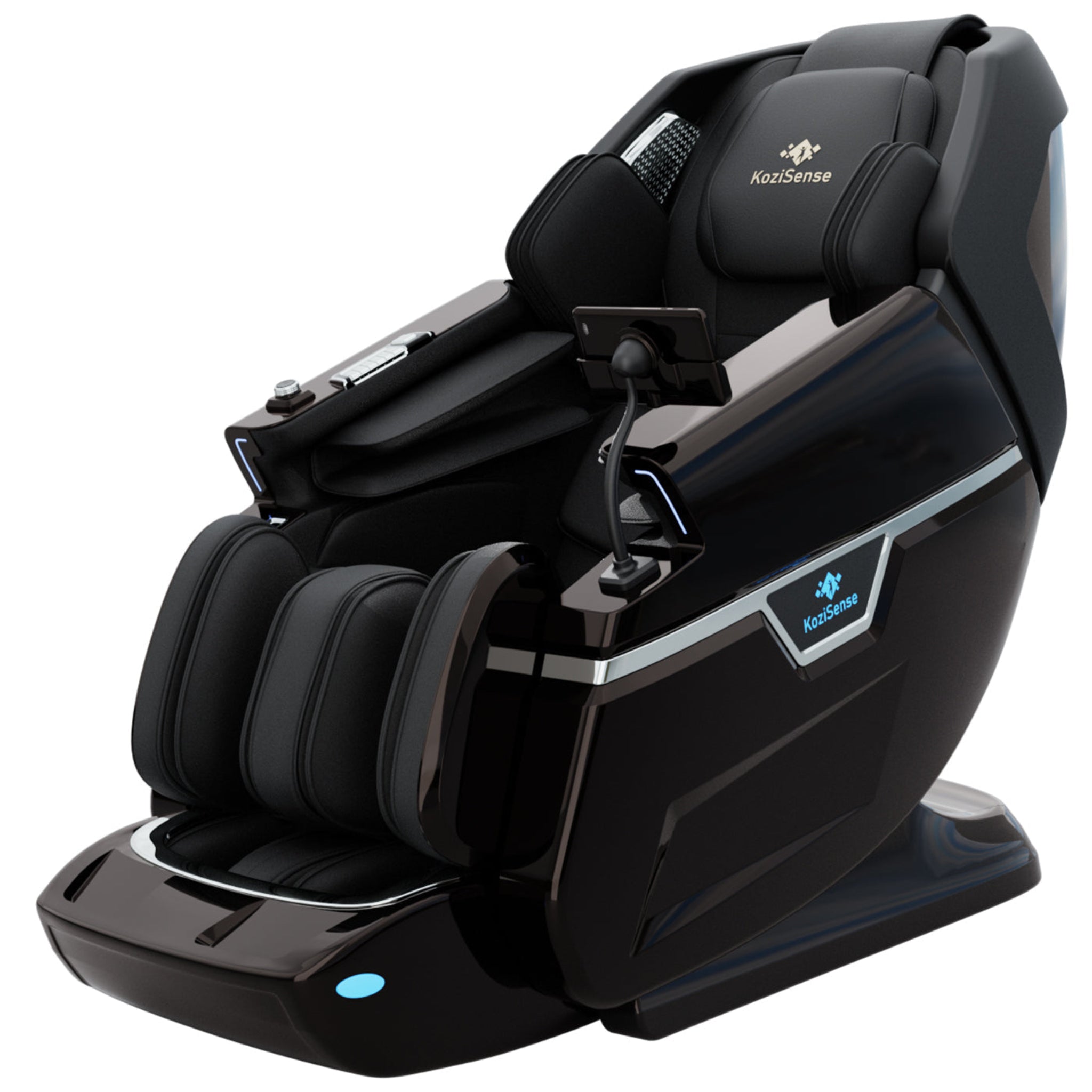 "KoziSense L66 4D + 3D dual mechanism luxury massage chair in black with SL-track, graphene heating, and zero gravity recline."