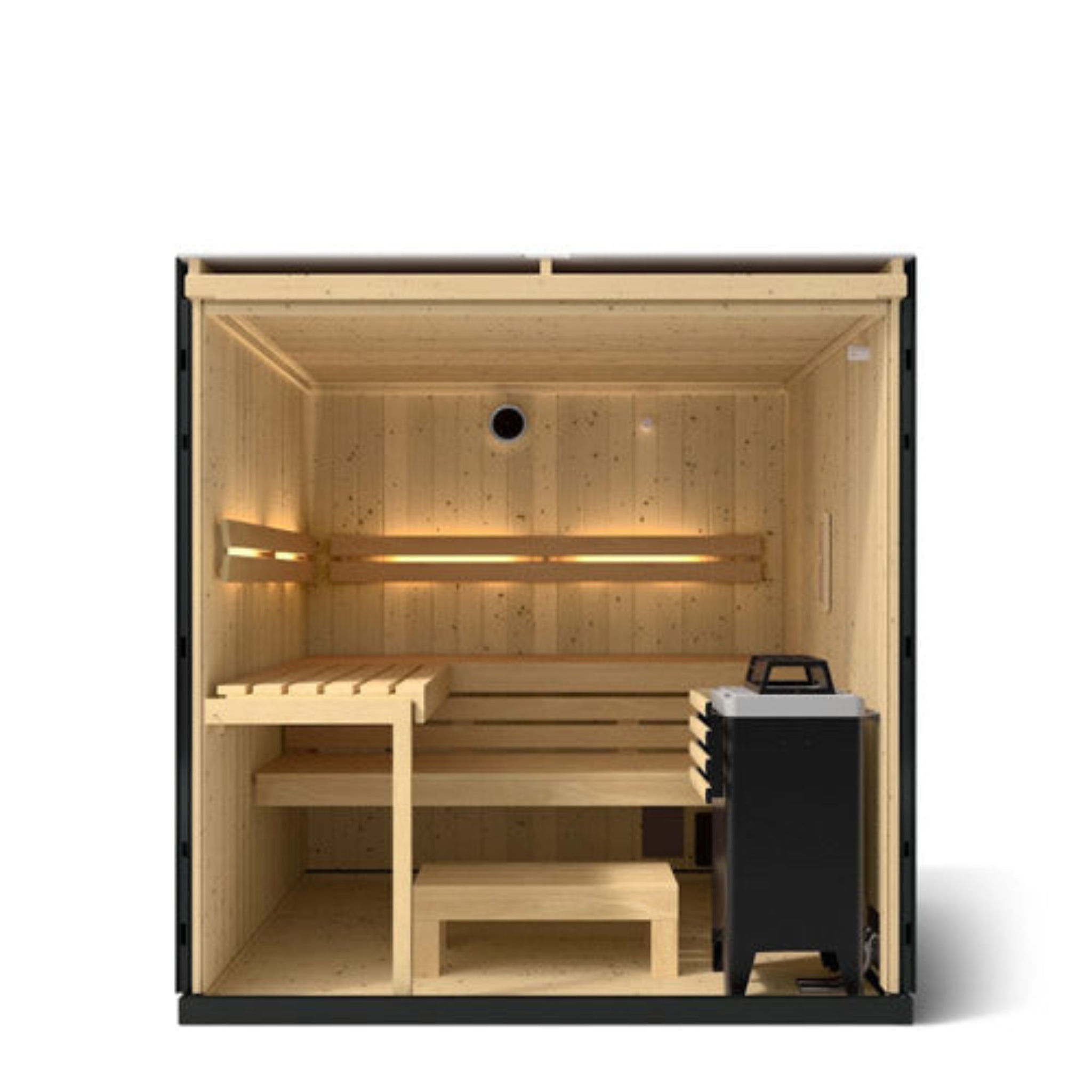 Kohler C1 indoor sauna interior view featuring wooden benches and electric heater.