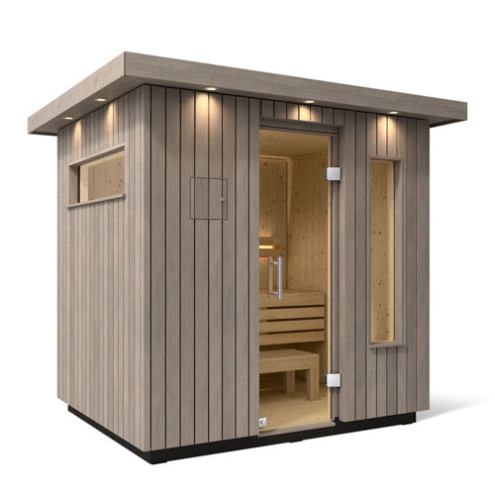 Kohler C2 Outdoor Sauna – Weathered Grey Spruce exterior, freestanding design