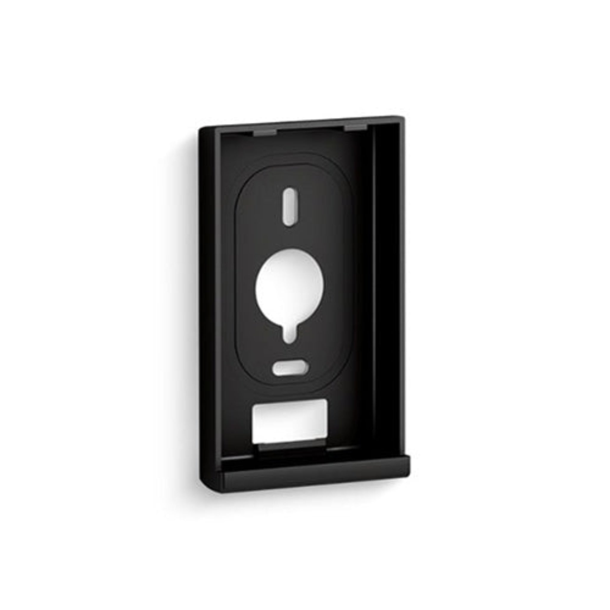 Black wall-mounted electronic device on a white background