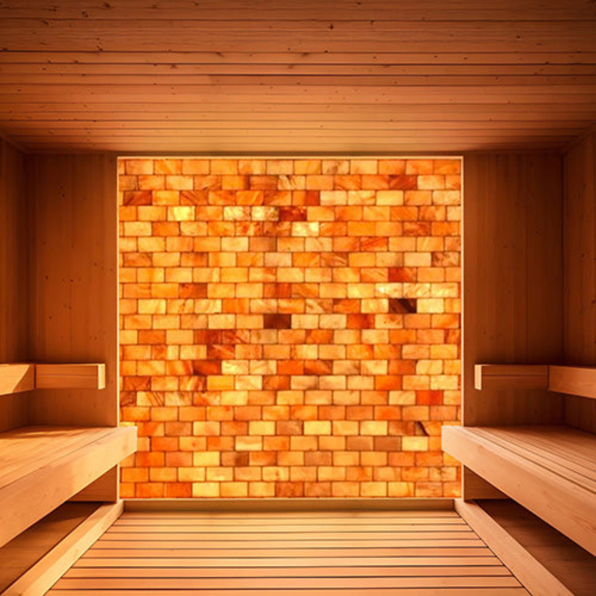 PROSAUNAS Himalayan Salt Wall in a sauna with benches