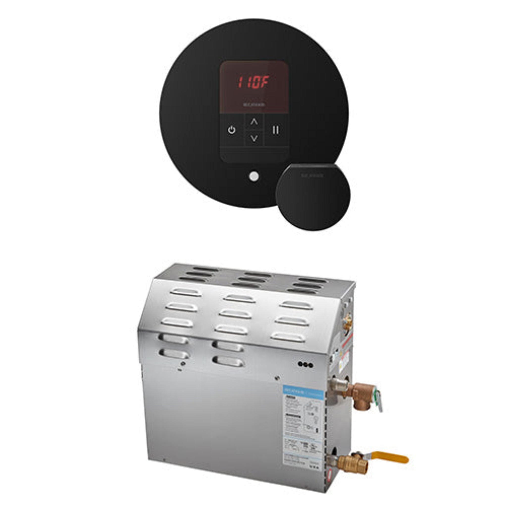 Matte Black round control panel with digital display and silver water heater on a white background