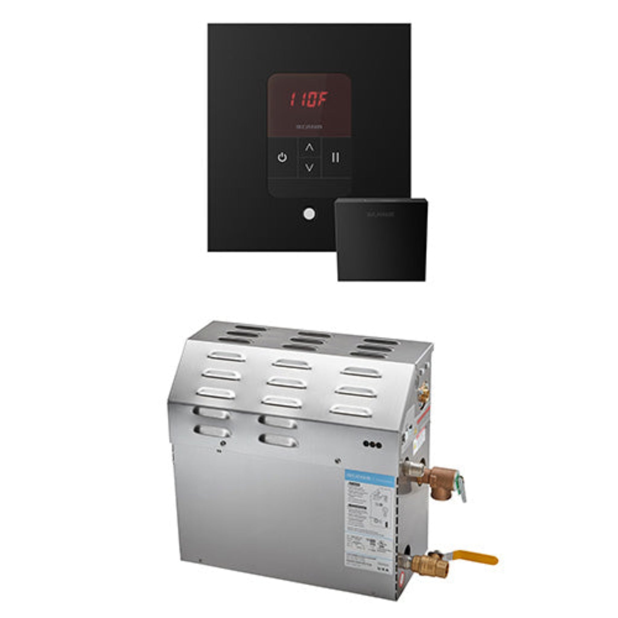 Matte Black square control panel with digital display and silver water heater on a white background