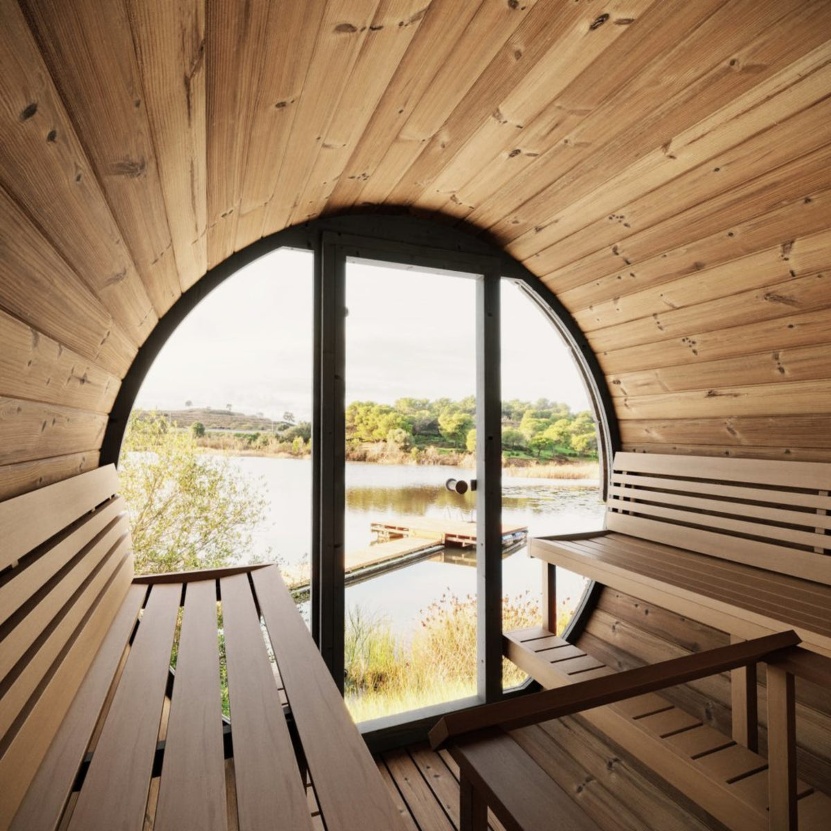 SaunaLife EE8G outdoor barrel sauna glass front