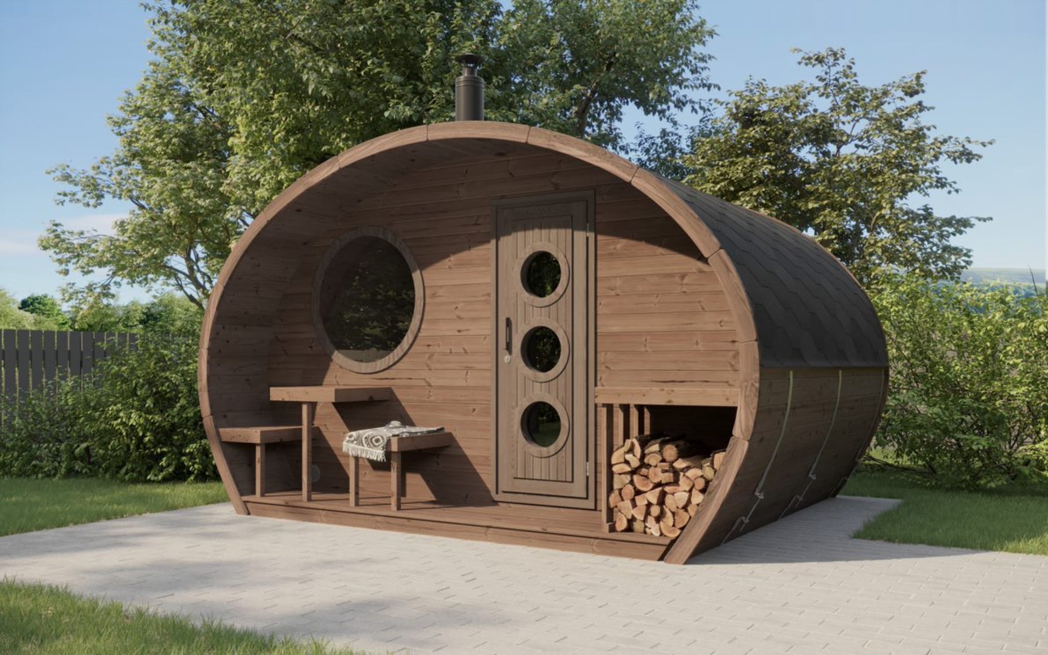 SaunaLife G11 Outdoor Sauna Suite – exterior front view, two-room modular design