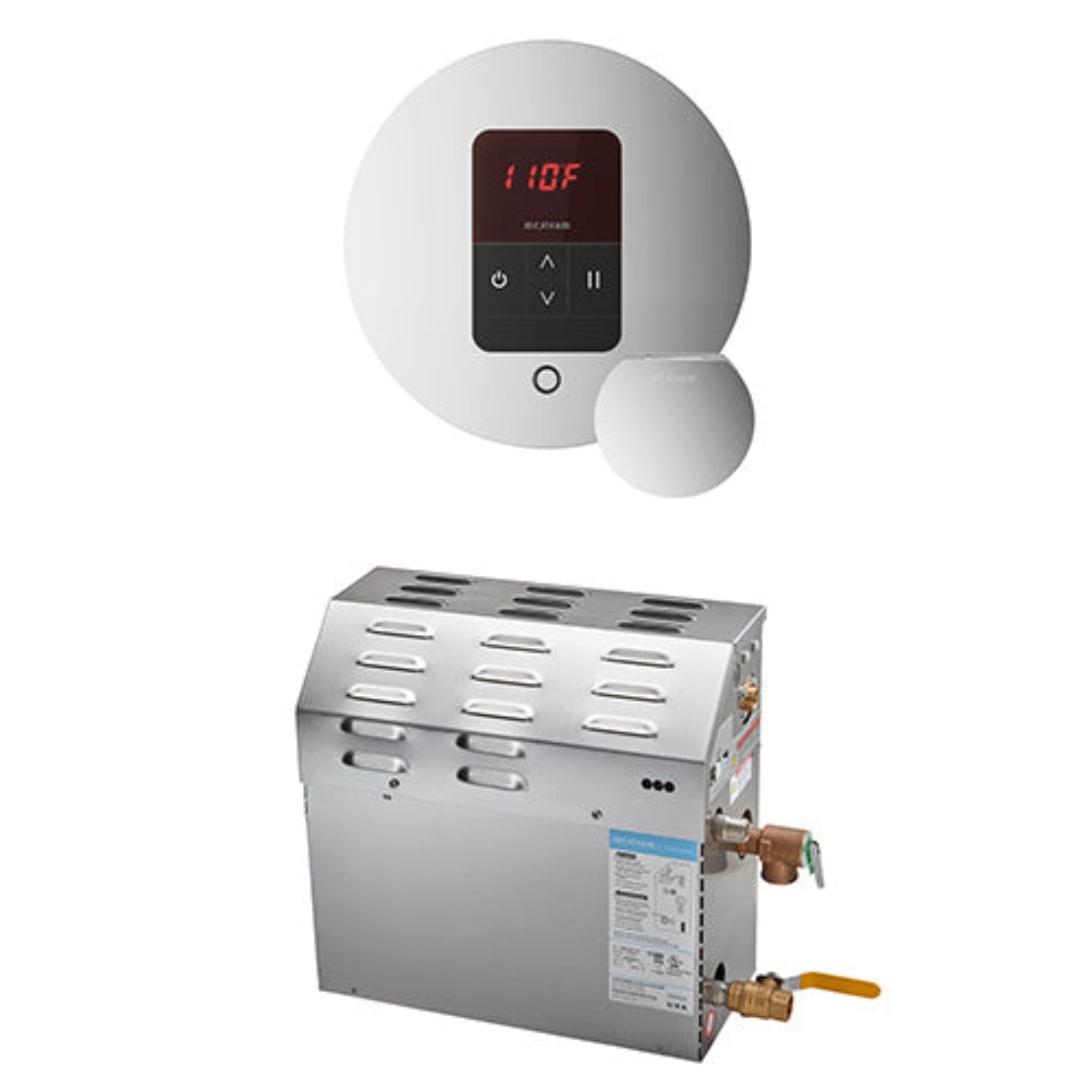 White digital temperature control device and stainless steel steam generator on a white background