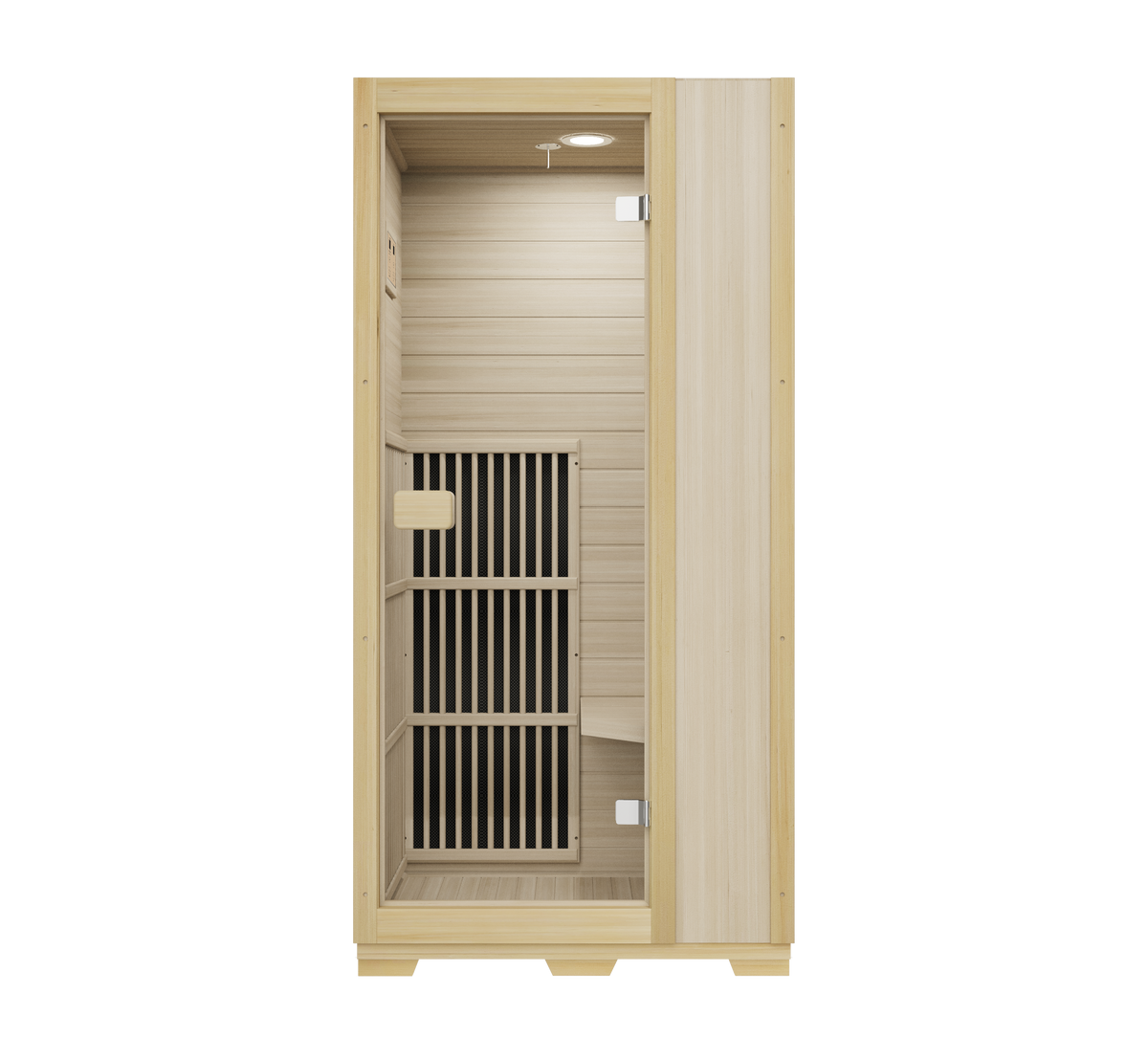 Blisspod Vienna 1-Person Far Infrared Sauna made of Canadian Hemlock with very low EMF, front view.