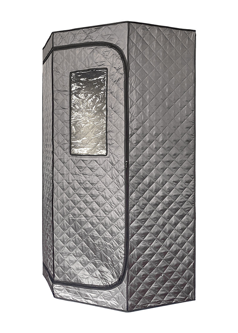 Quilted gray sauna with a clear window on a white background