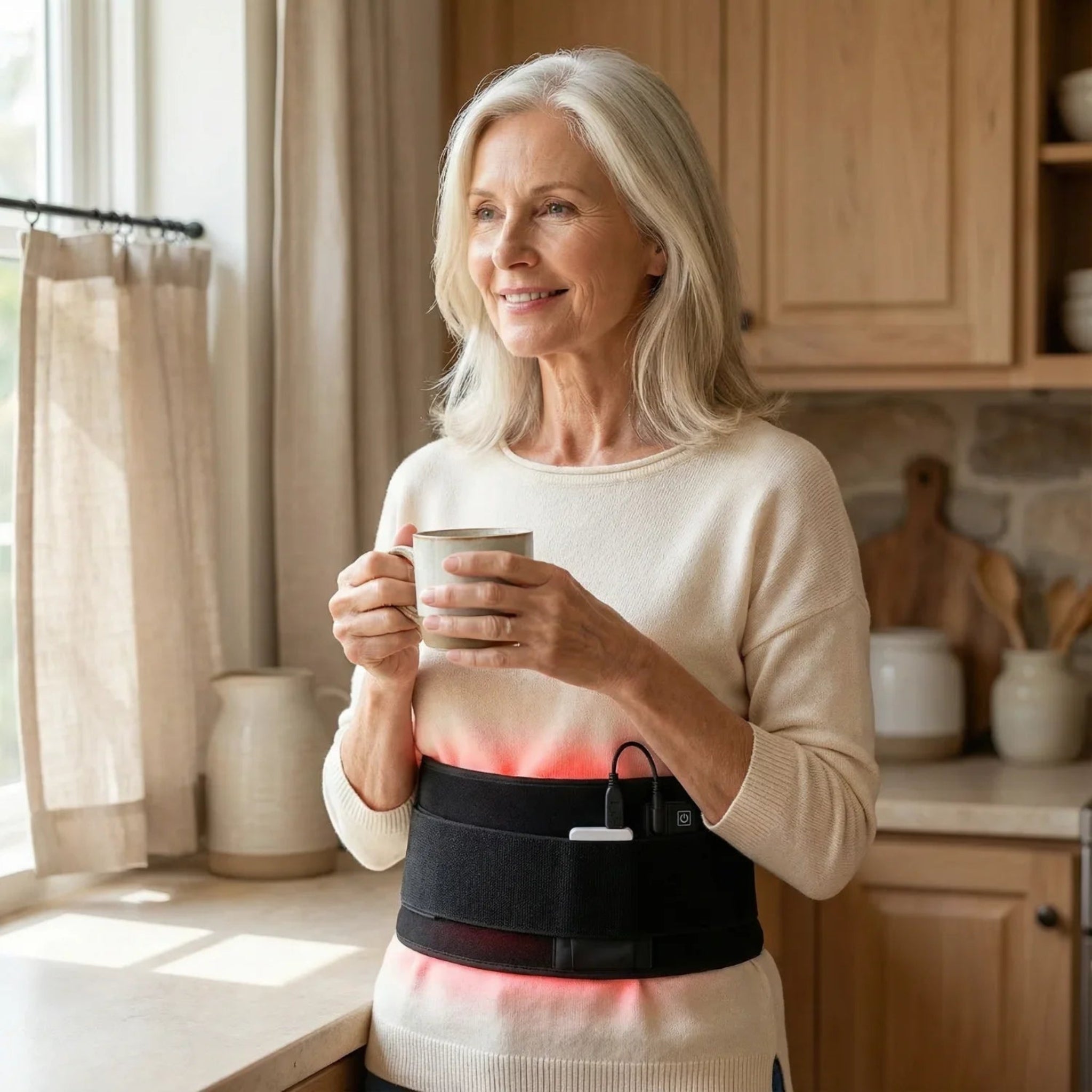 Woman in a kitchen wearing a red light belt on her waist, holding a mug.