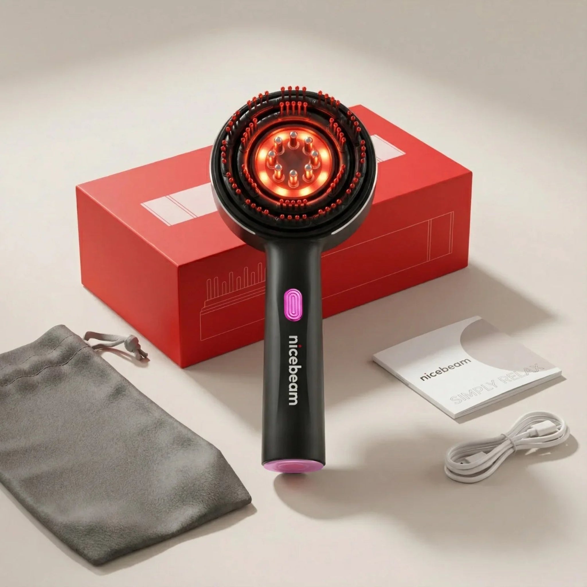 Nicebeam 3-in-1 Scalp Massager | Red Light, Massage & Serum Applicator with accessories and user guide.