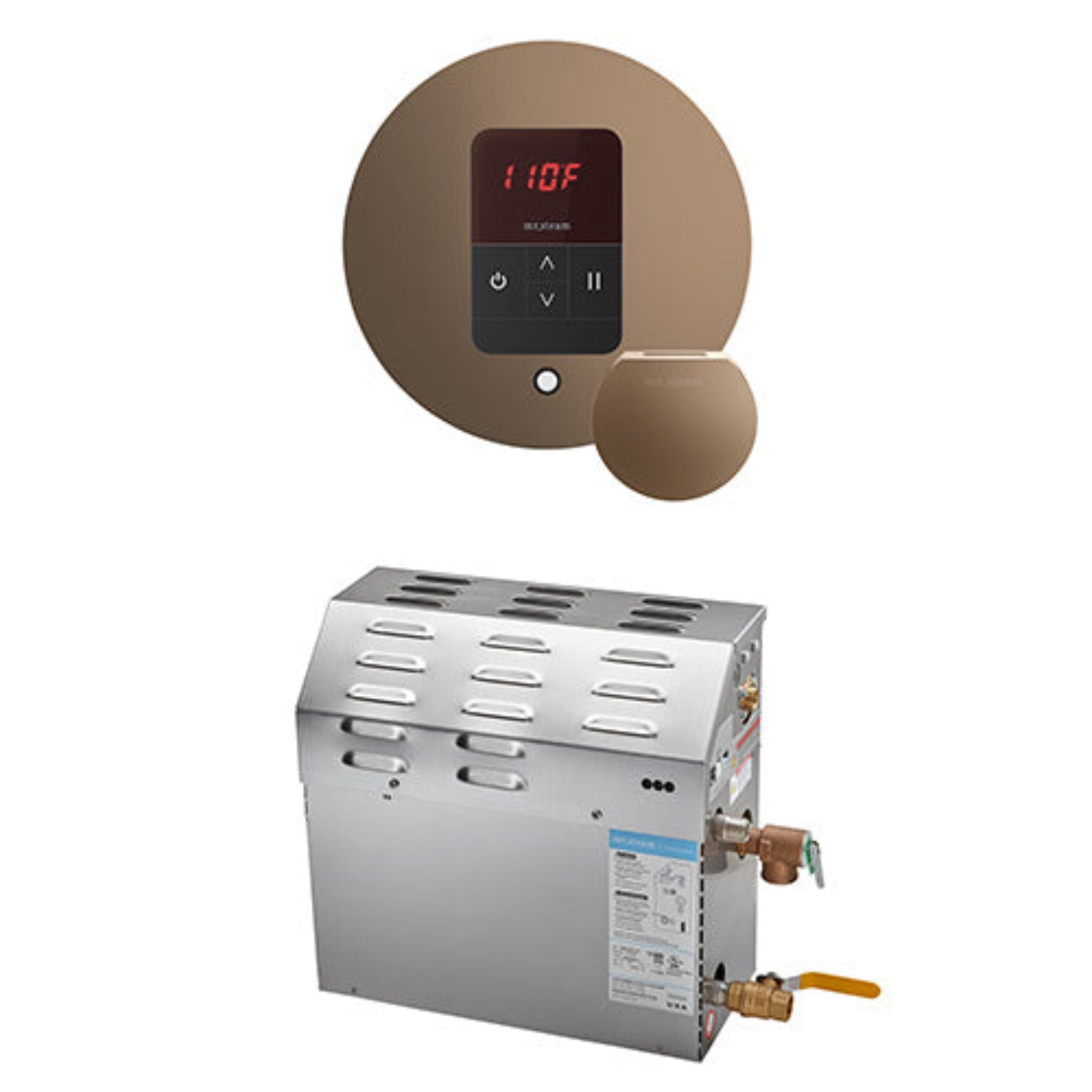 Steam machine with Nouveau Bronze digital control panel and metallic box on a white background