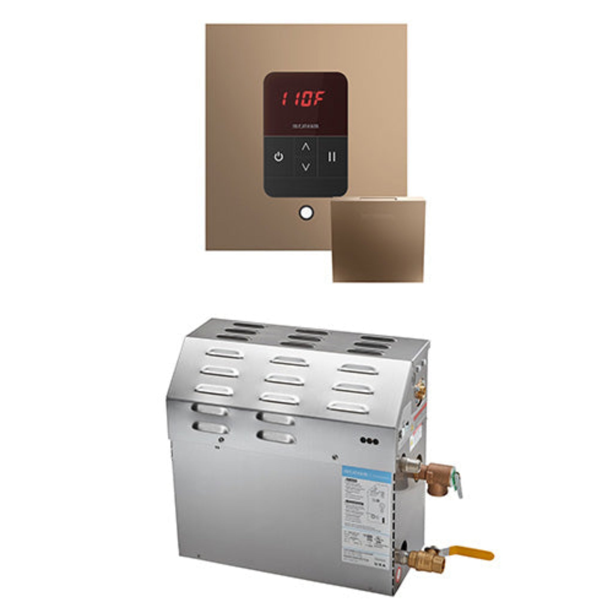 Stainless steel water heater with digital control panel on a white background