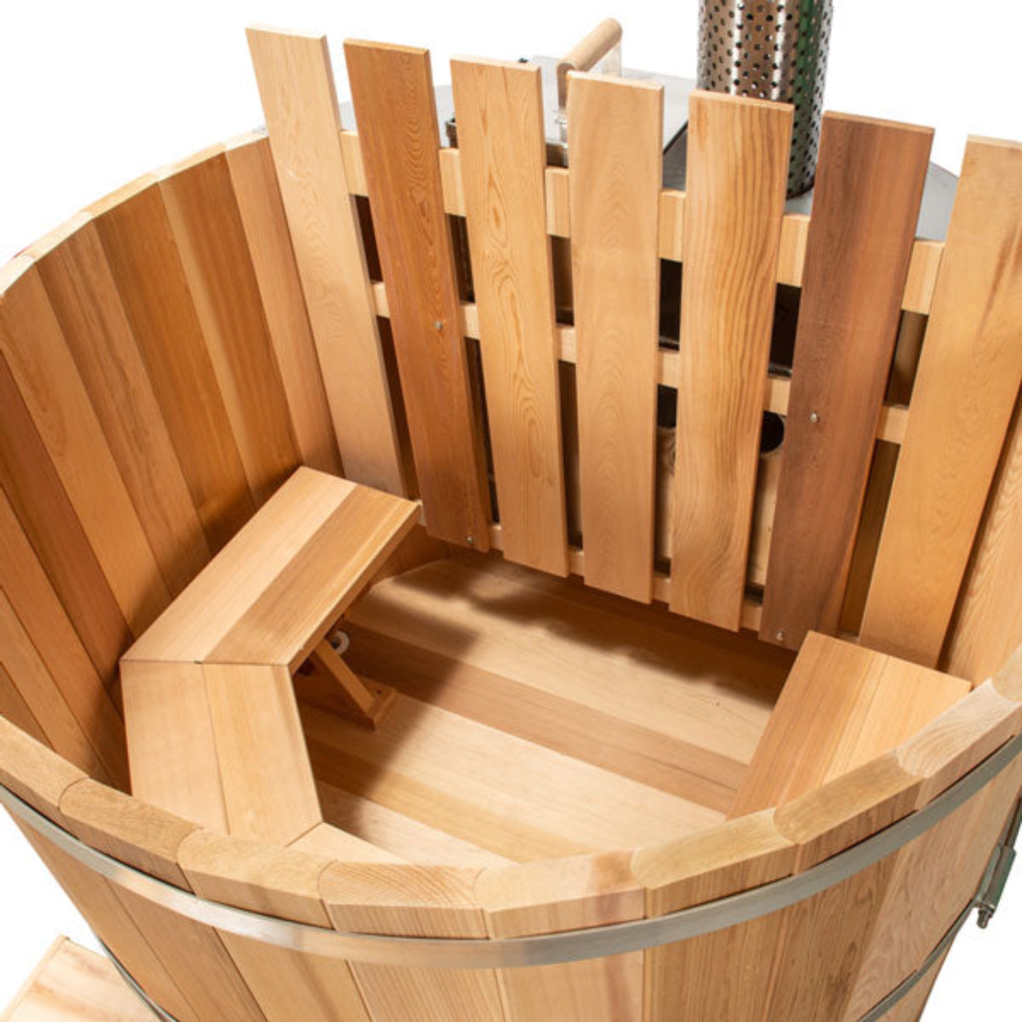 Original Cedar Hot Tub Interior View – 38-Inch Deep Soaking Tub with Wood-Fired Heater