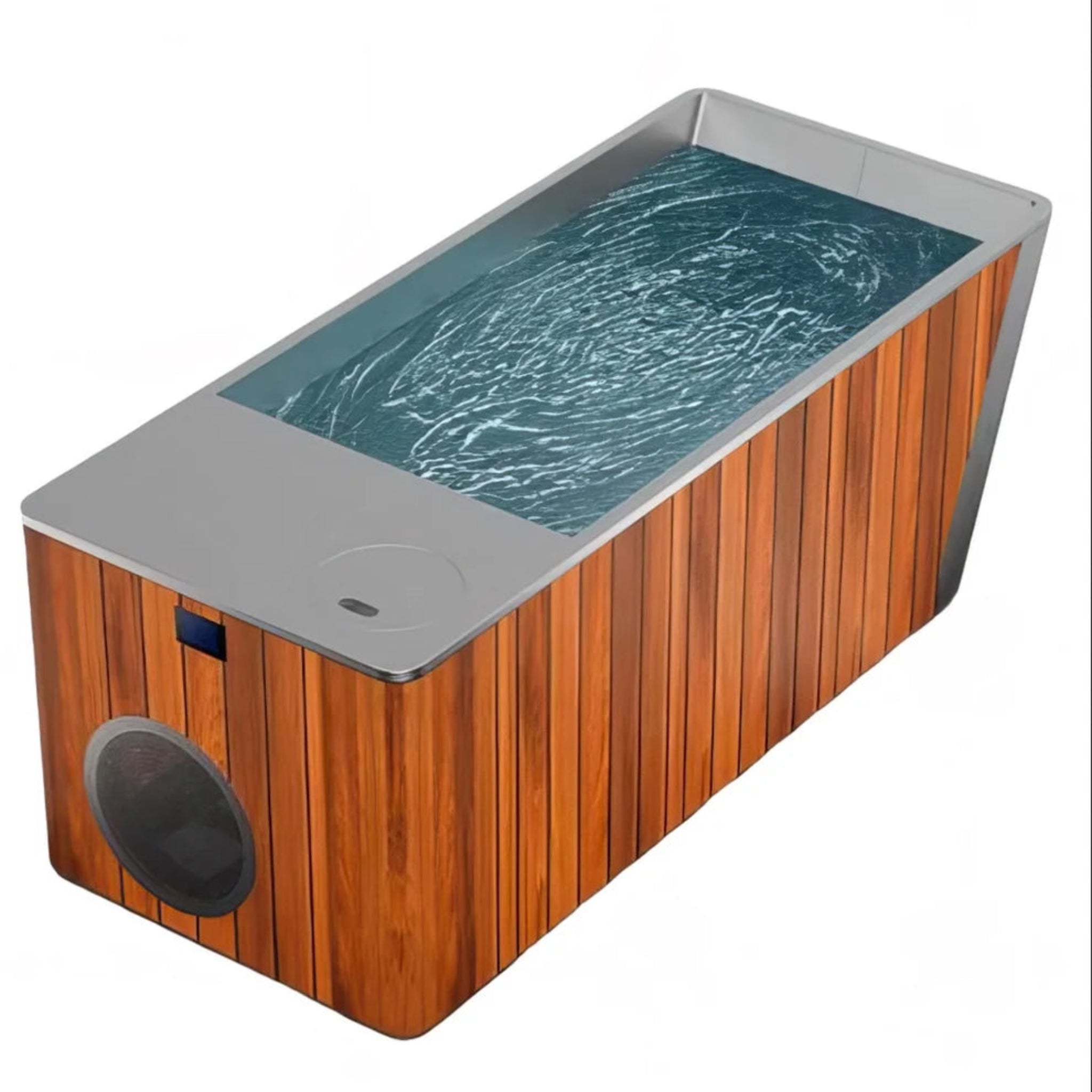 Silver and Brown Orivon tub side view, on a white background, filled with water