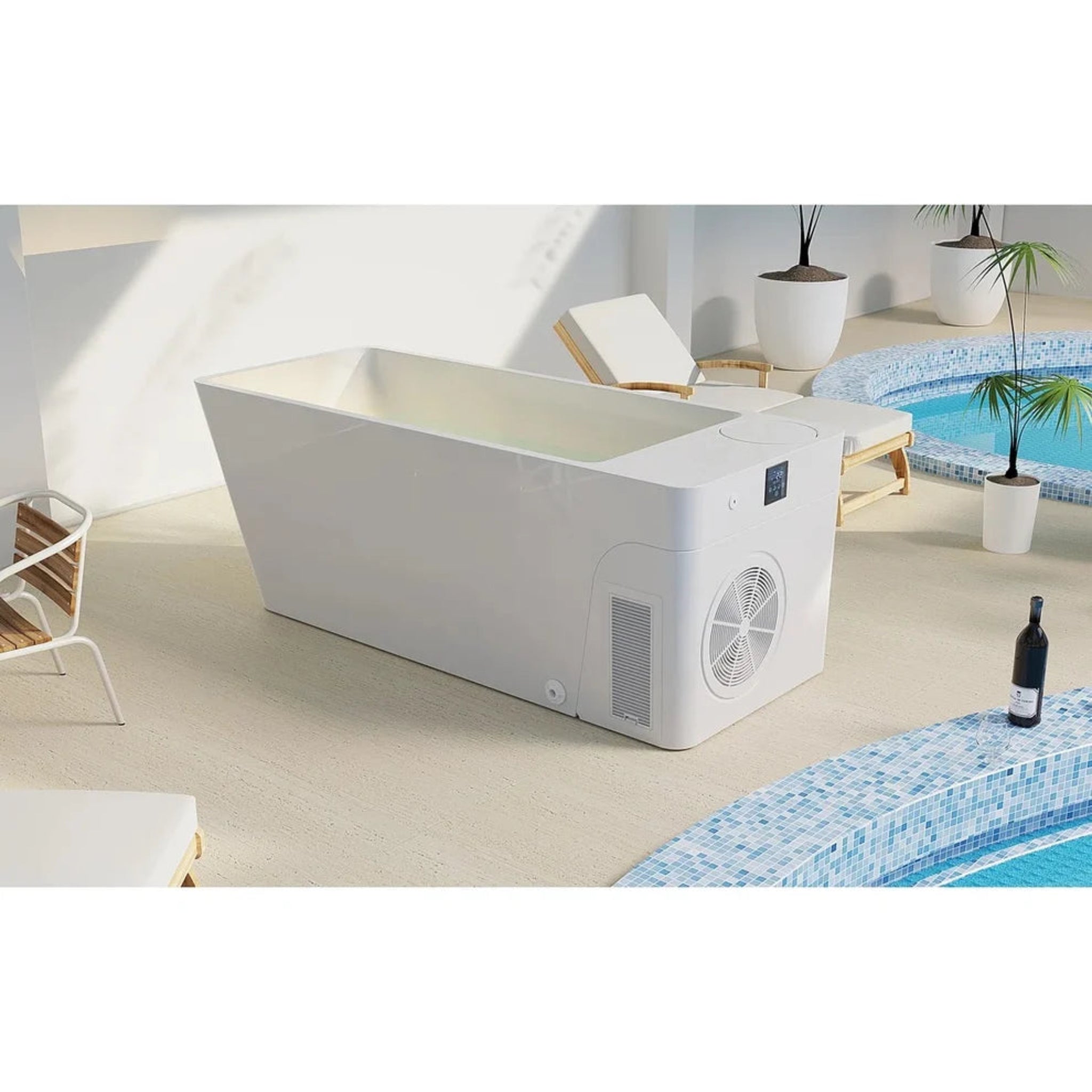 orvion plunge tub White, side profile by a pool