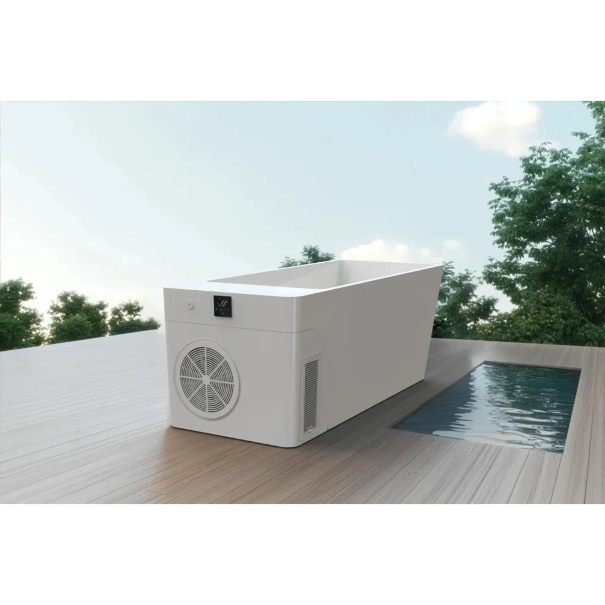 Orvion immersion tub White, side profile on a wooden deck 