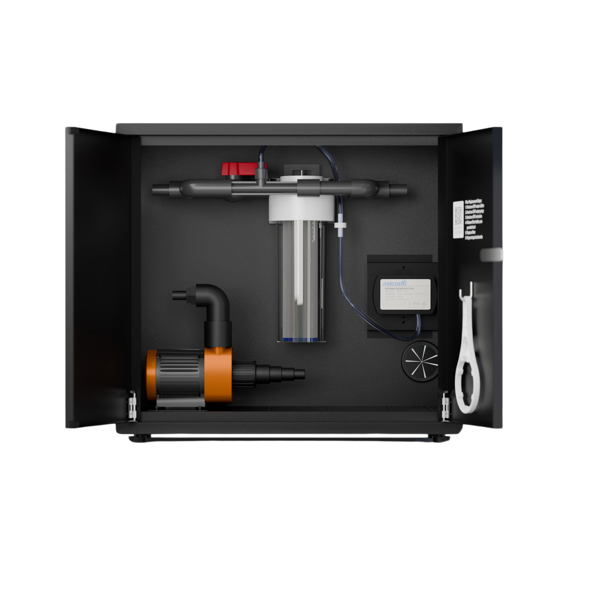 RevX Ozone Water Filtration System cabinet with door open
