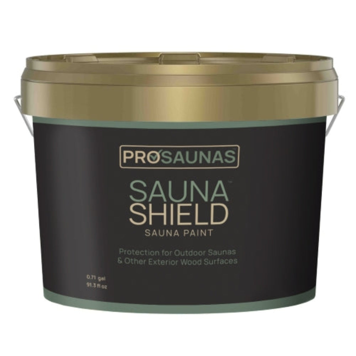 A 7.27 gallon bucket of ProSaunas Sauna Shield Sauna Paint, featuring a black label with gold and white lettering, and a metallic gold lid.