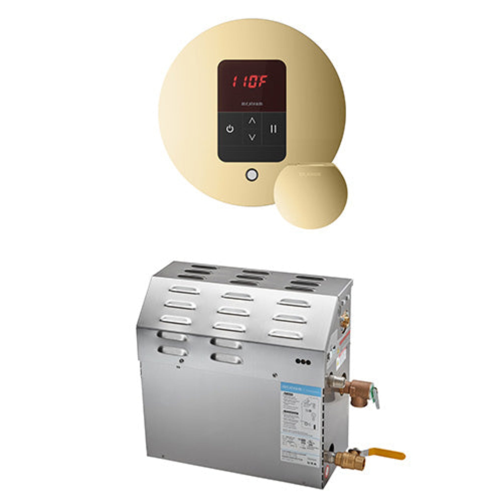 Polished Brass round control panel with digital display and metal steam generator on a white background