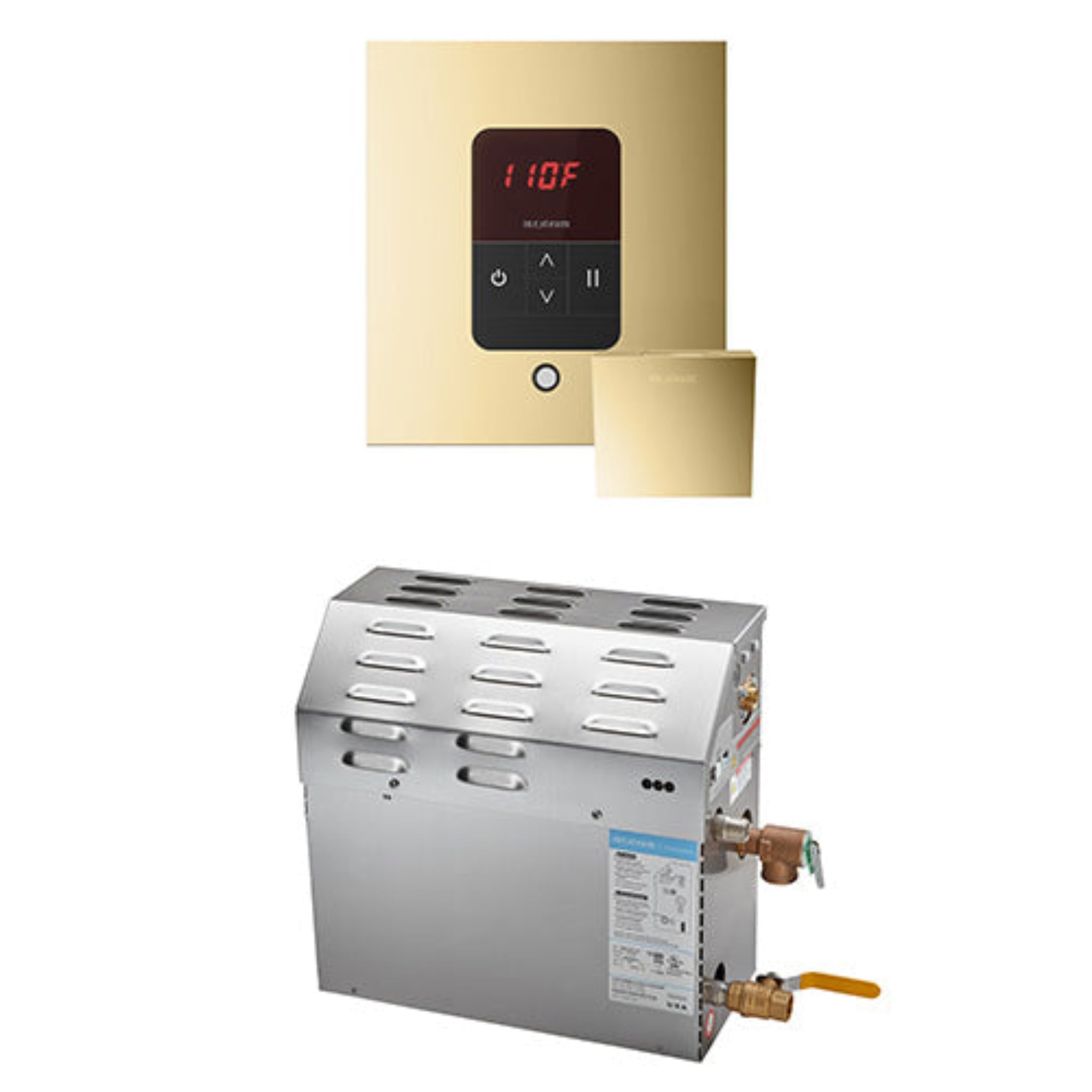 Polished Brass wall-mounted control panel with digital display and a stainless steel water heater on a white background.