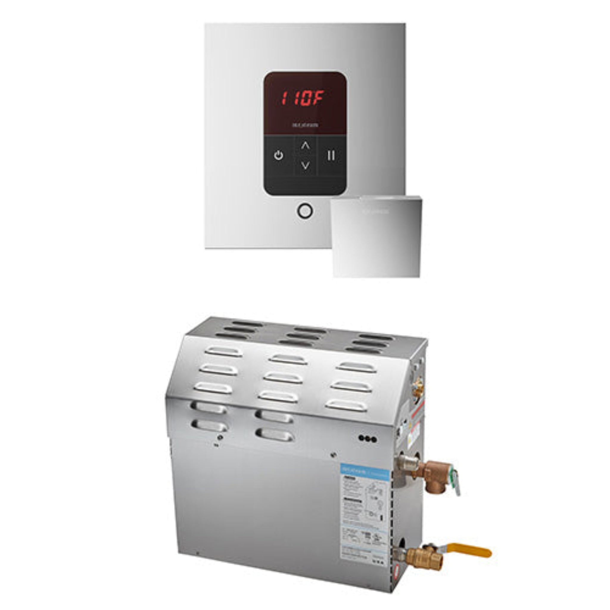 Stainless steel water heater with Polished Chrome digital display on a white background