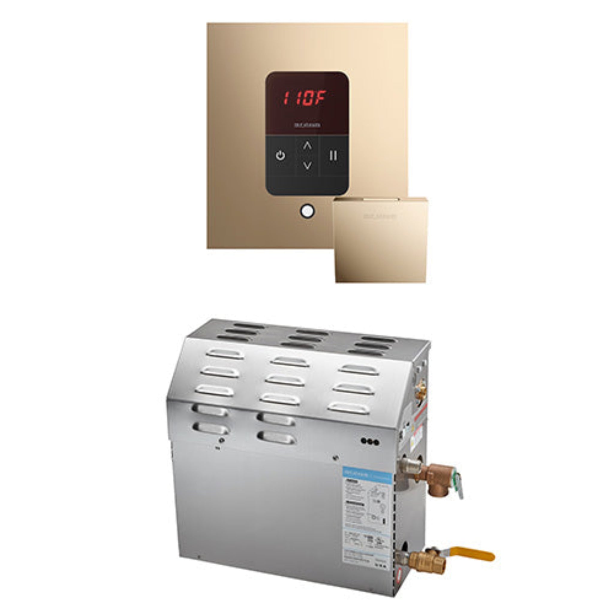 Polished Gold Square wall-mounted water heater with digital display and a silver industrial-style water heater below on a white background.