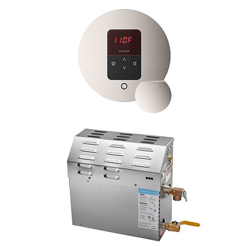 White electronic device with digital display and control panel, and a metallic steam generator on a white background.