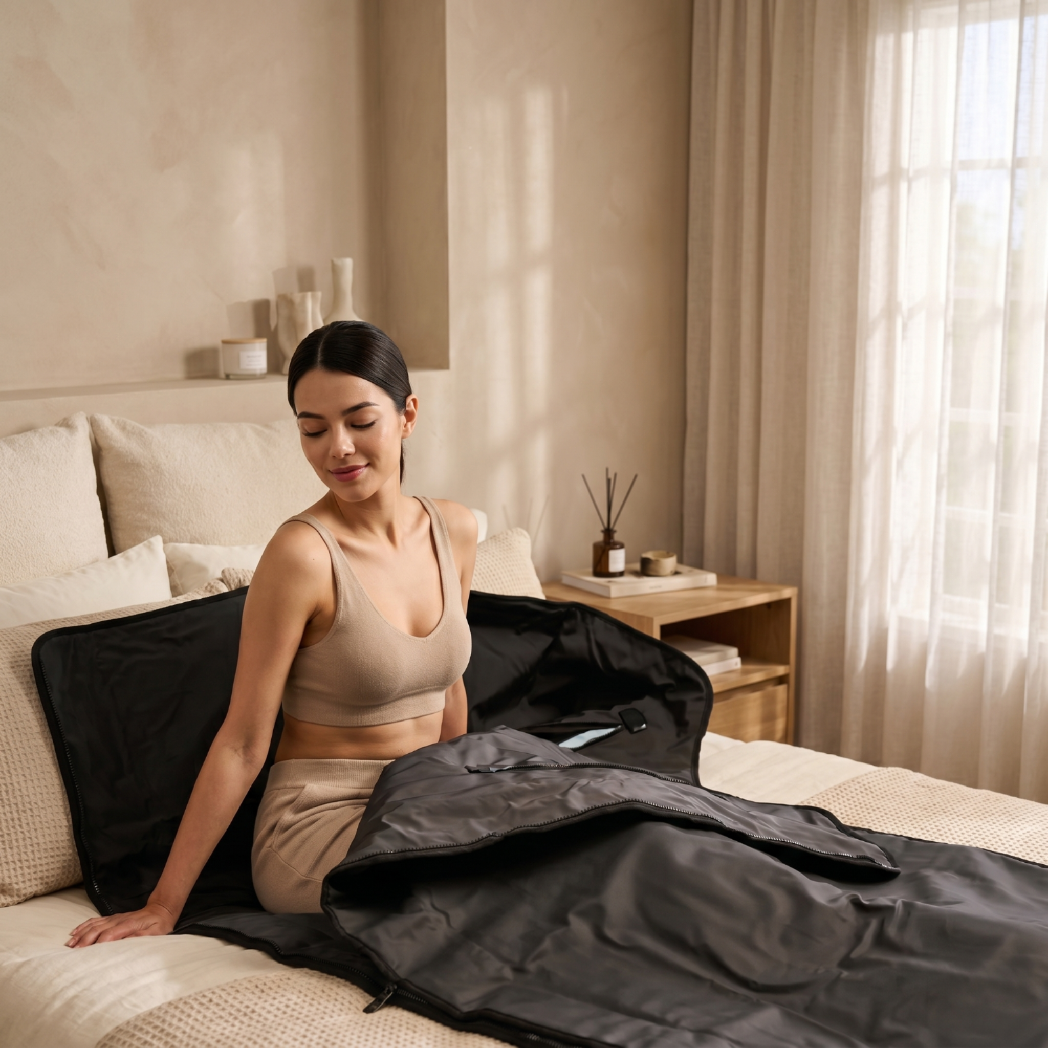 Woman sitting on a bed with a black sauna blanket, in a bedroom setting.