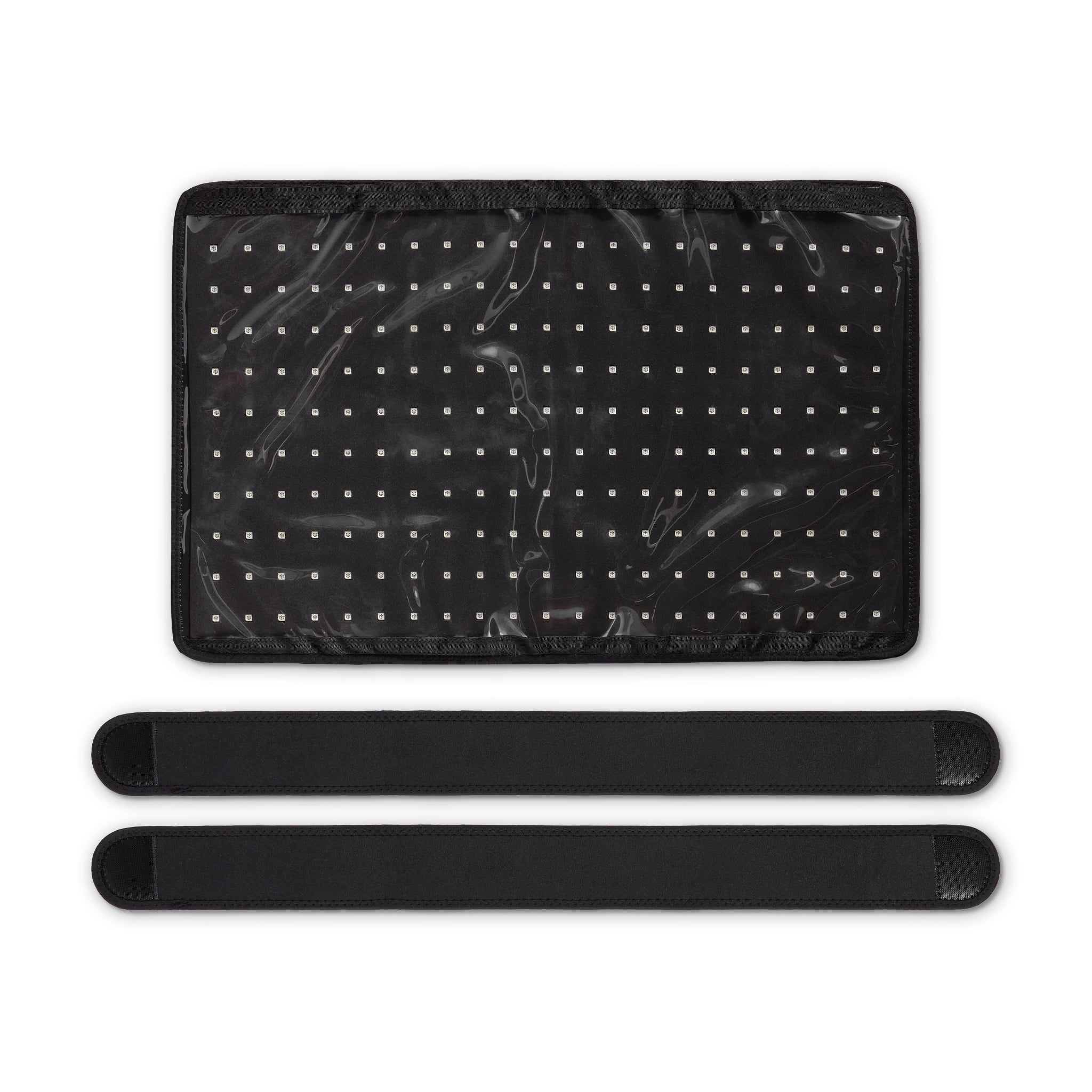Black pad with attached black strips on a white background