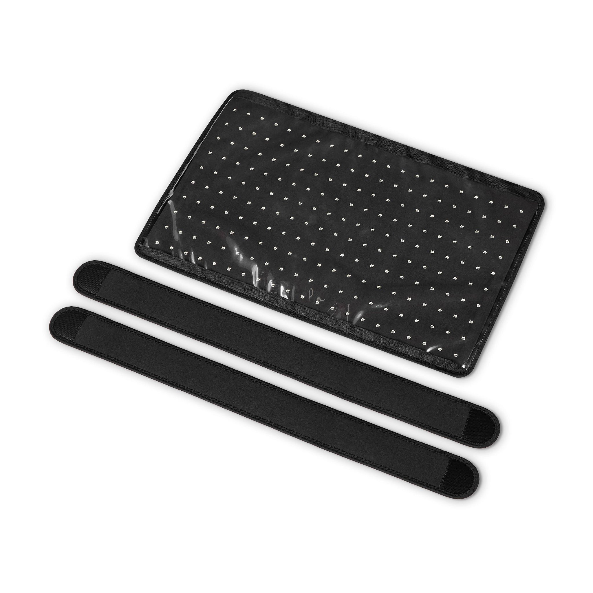 Black red light mat with white polka dots and two black straps on a white background